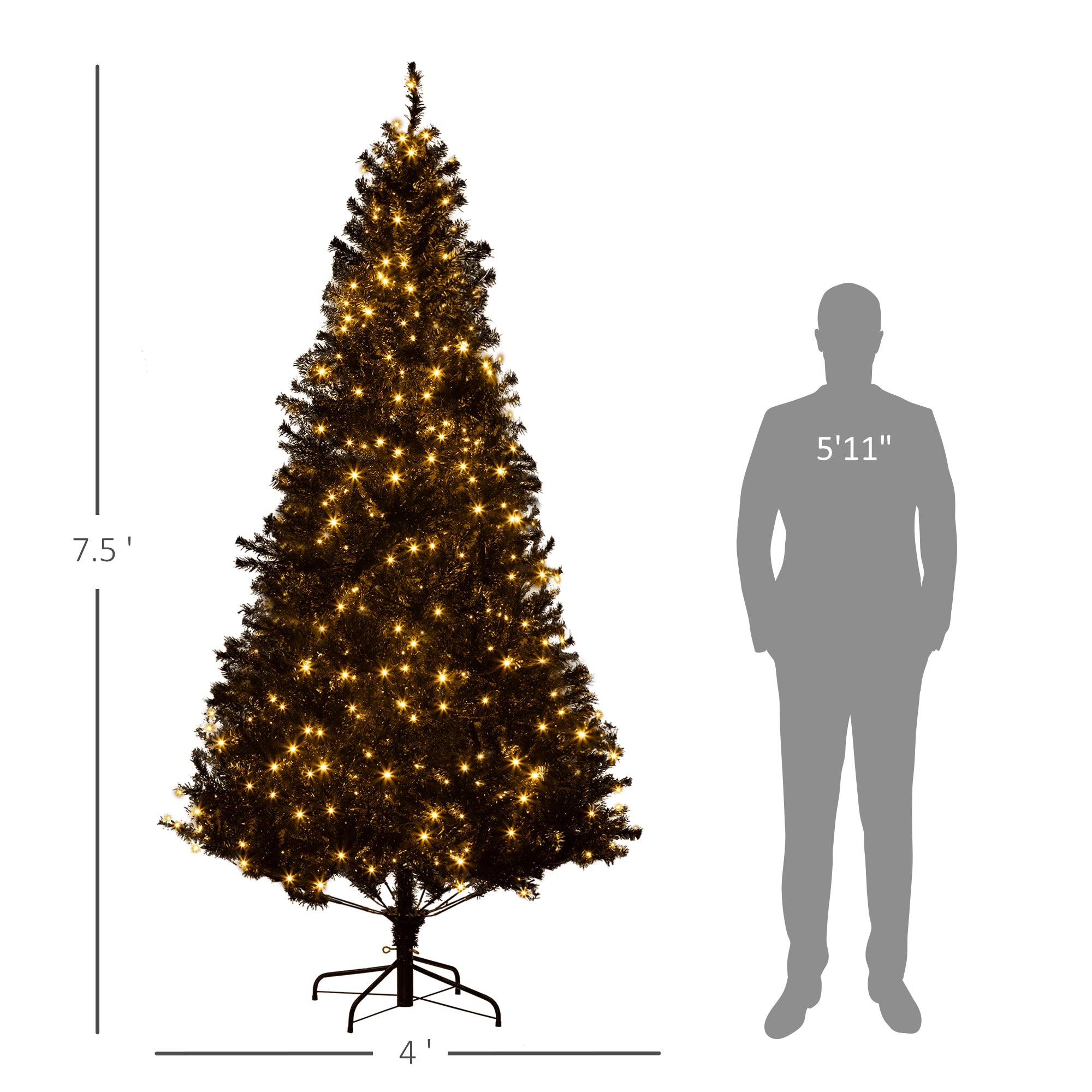 7.5 FT Tall PreLit Artificial Christmas Tree with Realistic Branches 500 Warm White LED Lights Black