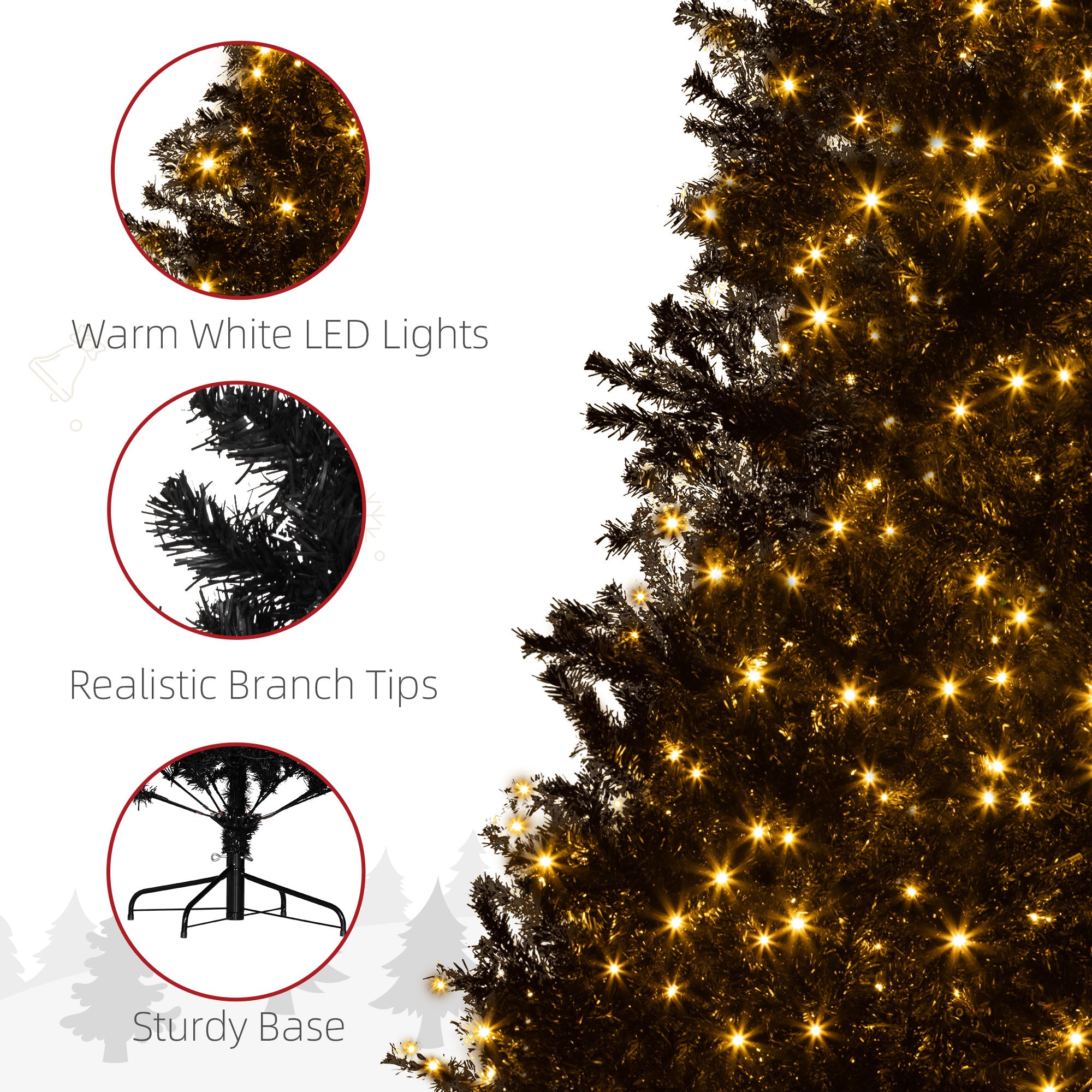 7.5 FT Tall PreLit Artificial Christmas Tree with Realistic Branches 500 Warm White LED Lights Black