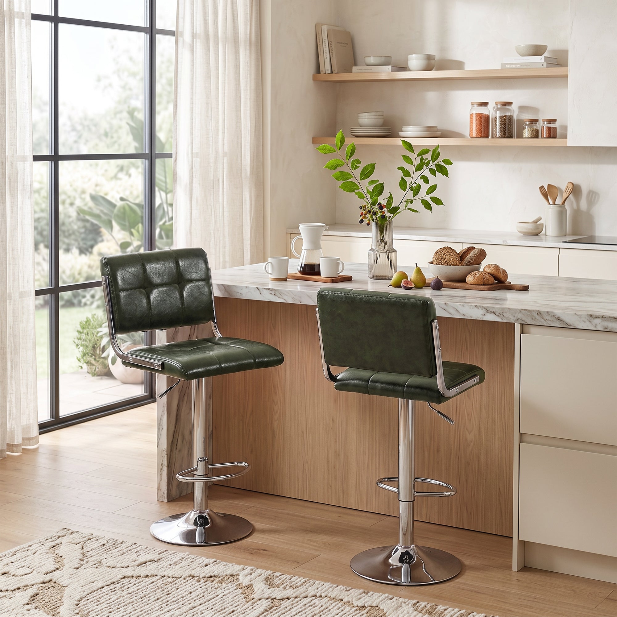 Breakfast Bar Stools Set of 2, Modern PU Leather Swivel BarStools, Adjustable Counter Height Bar Chairs with Backrest and Footrest for Kitchen Island, Dining Room, Bar, Green