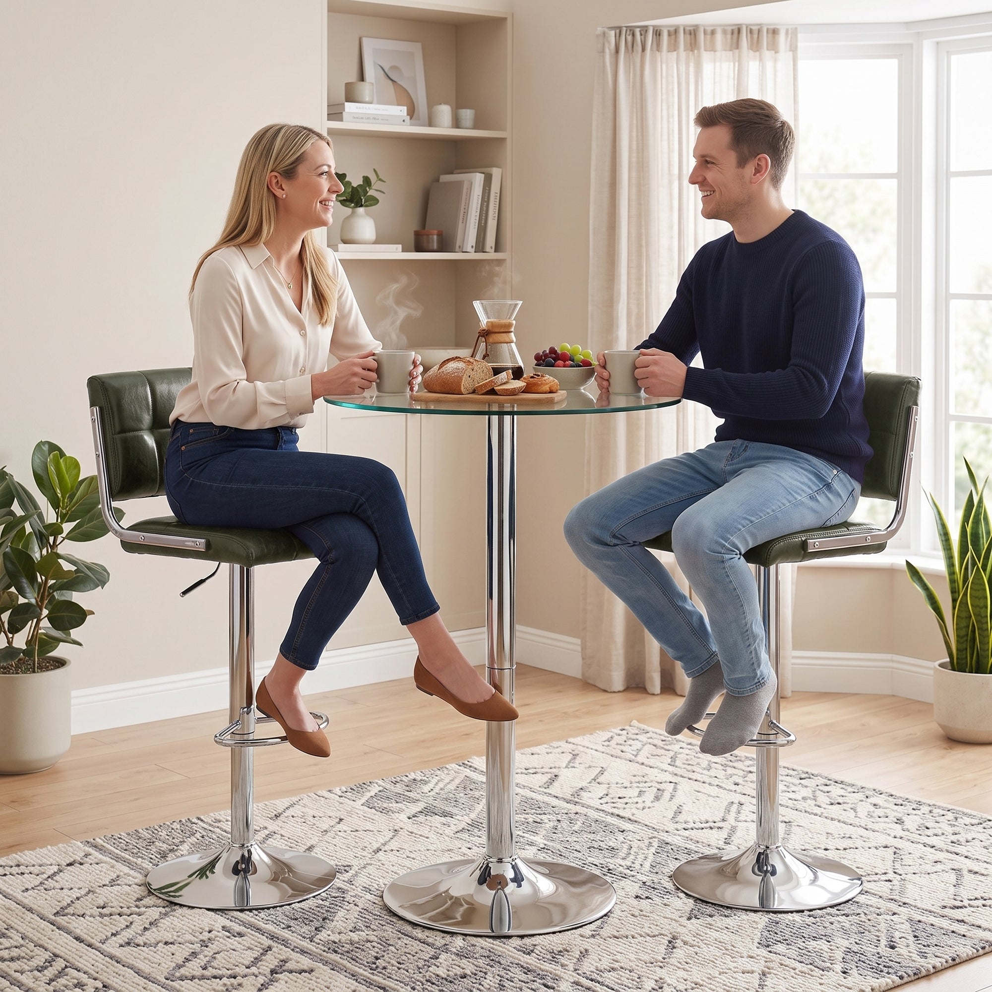 Breakfast Bar Stools Set of 2, Modern PU Leather Swivel BarStools, Adjustable Counter Height Bar Chairs with Backrest and Footrest for Kitchen Island, Dining Room, Bar, Green