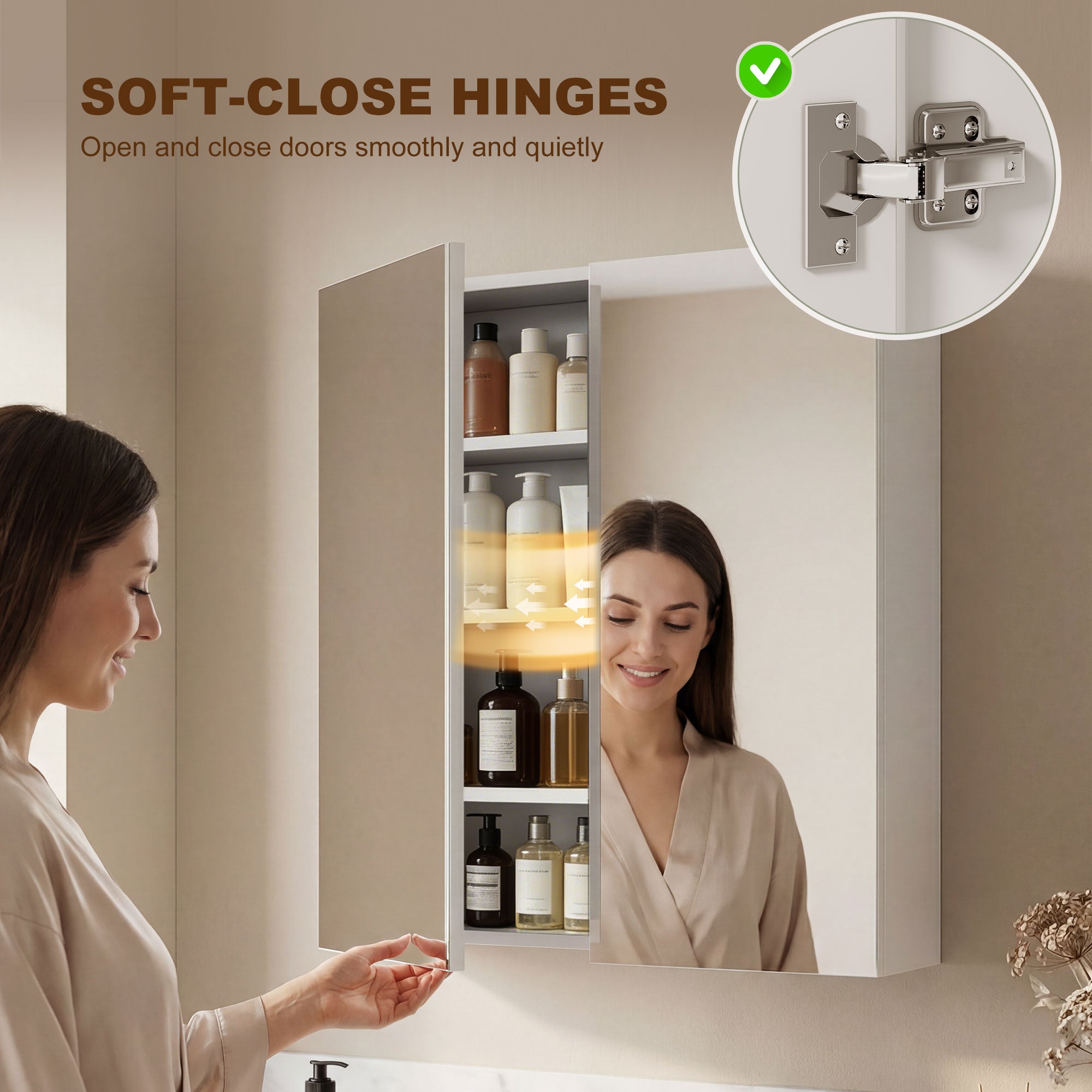 Bathroom Mirror Cabinet, 3-Tier Wall Mount Bathroom Storage Cabinet with Soft-Close Hinges and Adjustable Shelf, Double Door Cupboard, 60W x 15D x 75H cm, White