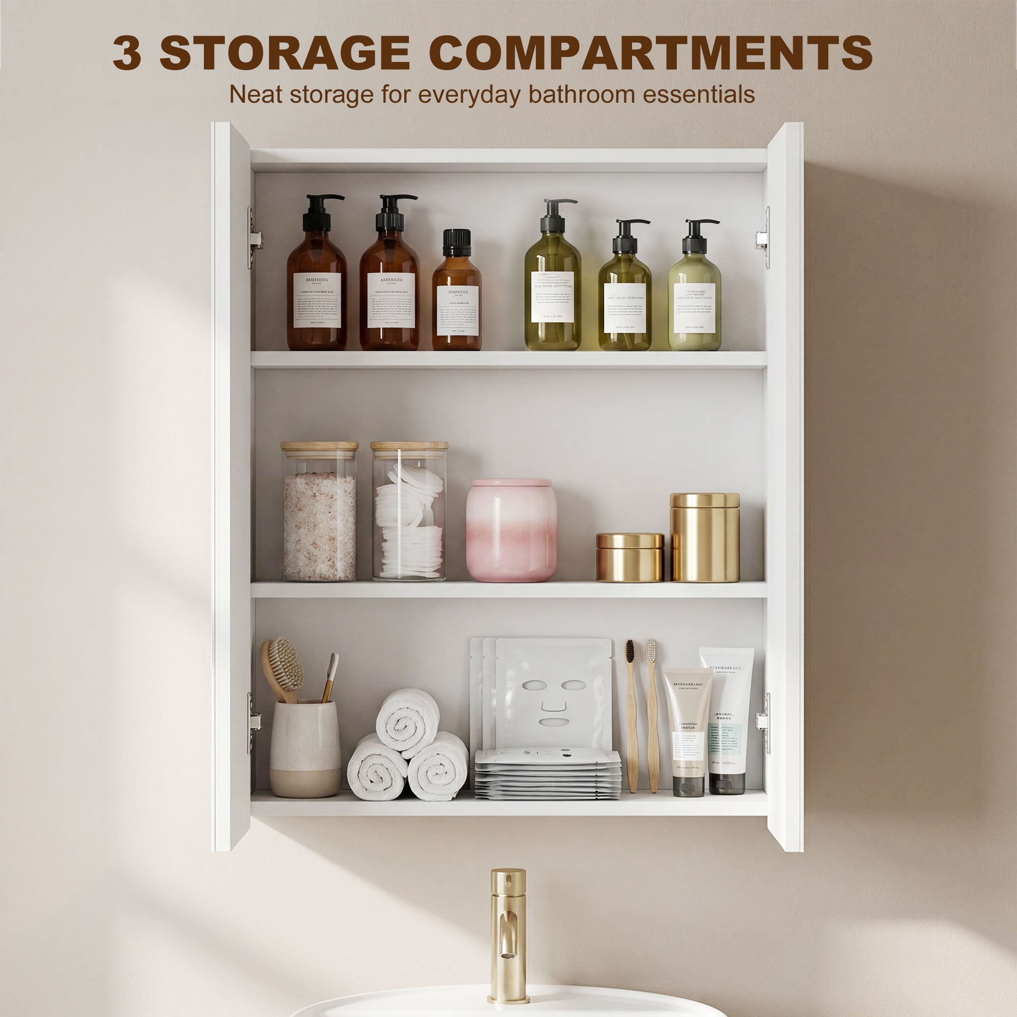 Bathroom Mirror Cabinet, 3-Tier Wall Mount Bathroom Storage Cabinet with Soft-Close Hinges and Adjustable Shelf, Double Door Cupboard, 60W x 15D x 75H cm, White
