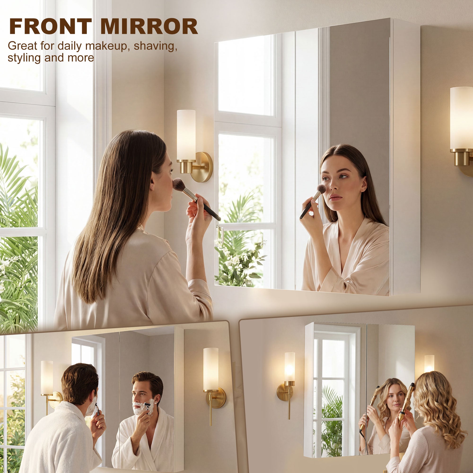 Bathroom Mirror Cabinet, 3-Tier Wall Mount Bathroom Storage Cabinet with Soft-Close Hinges and Adjustable Shelf, Double Door Cupboard, 60W x 15D x 75H cm, White