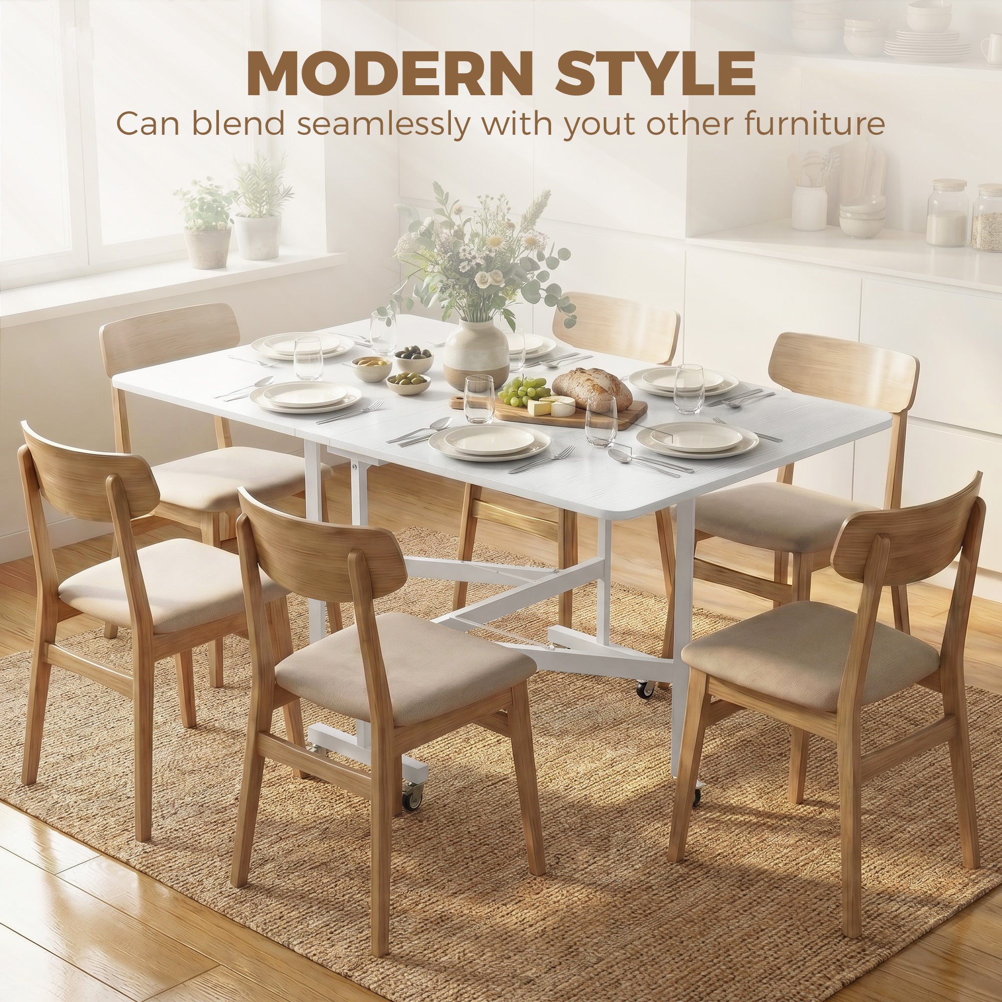 Mobile Drop Leaf Table, Folding Dining Table with 6 Wheels & Brakes, Rolling Kitchen Table for Small Spaces, 47.2", White