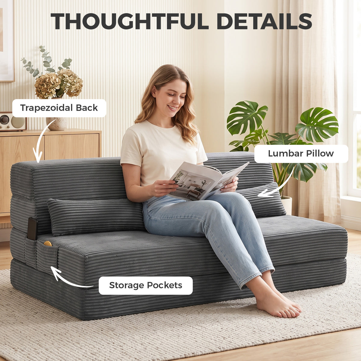 54" Folding Sofa Bed, Boneless Cloud Corduroy Sleeper Floor Chair, Floor Sofa with Back Support, Thick Cushion, Lumbar Pillow, Side Pockets for Living Room, Dark Grey