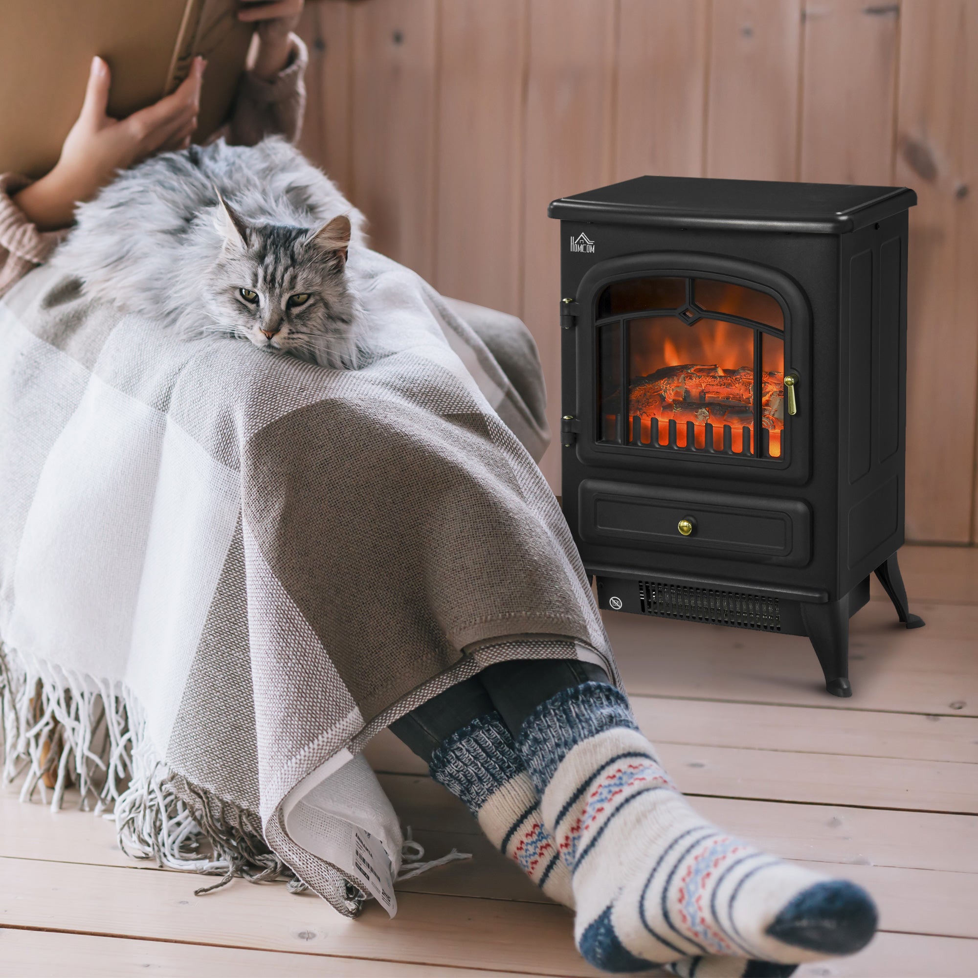 Freestanding Electric Fireplace Indoor Heater Glass View Log Wood Burning Effect Flame Portable Fireplace Stove 950/1850W Black