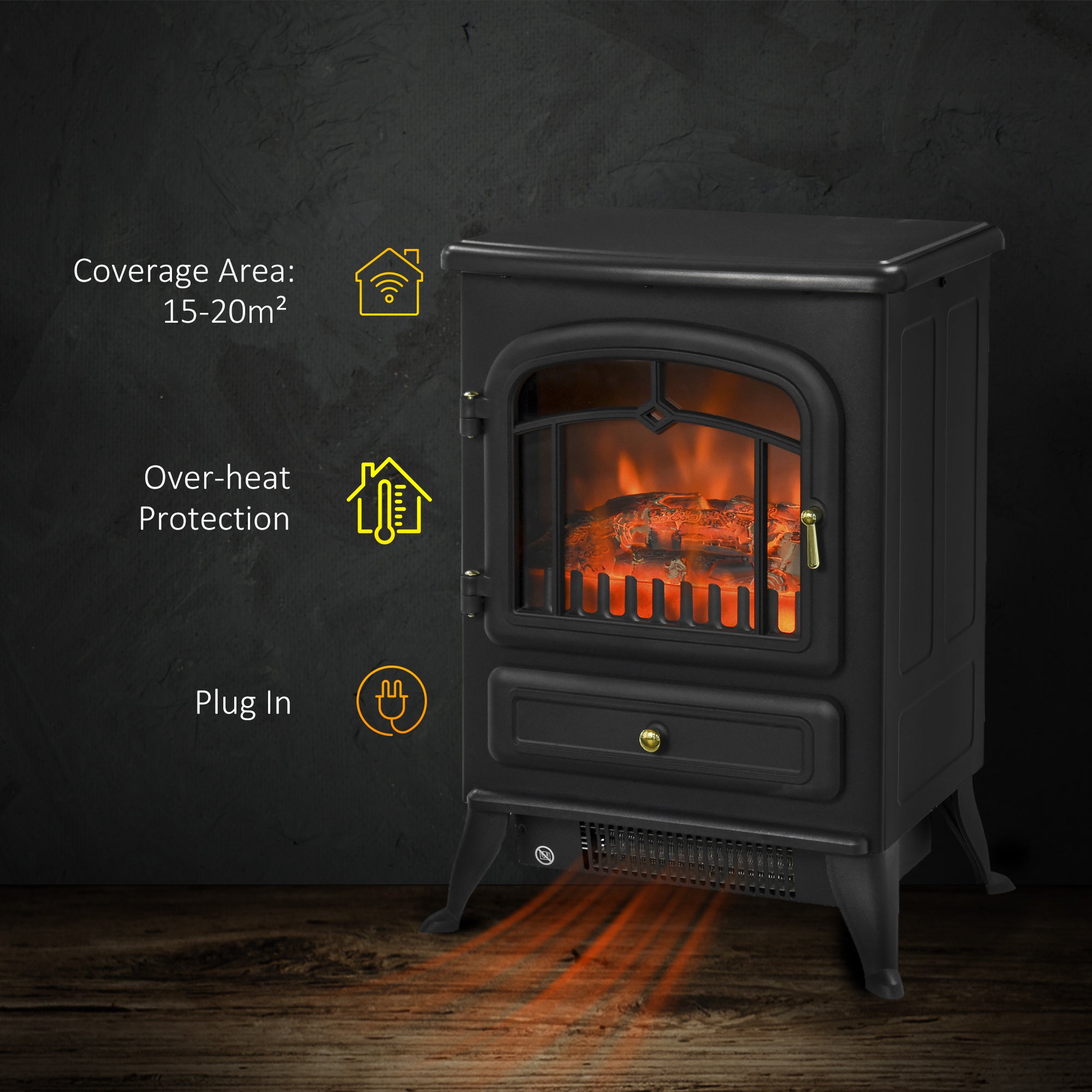 Freestanding Electric Fireplace Indoor Heater Glass View Log Wood Burning Effect Flame Portable Fireplace Stove 950/1850W Black