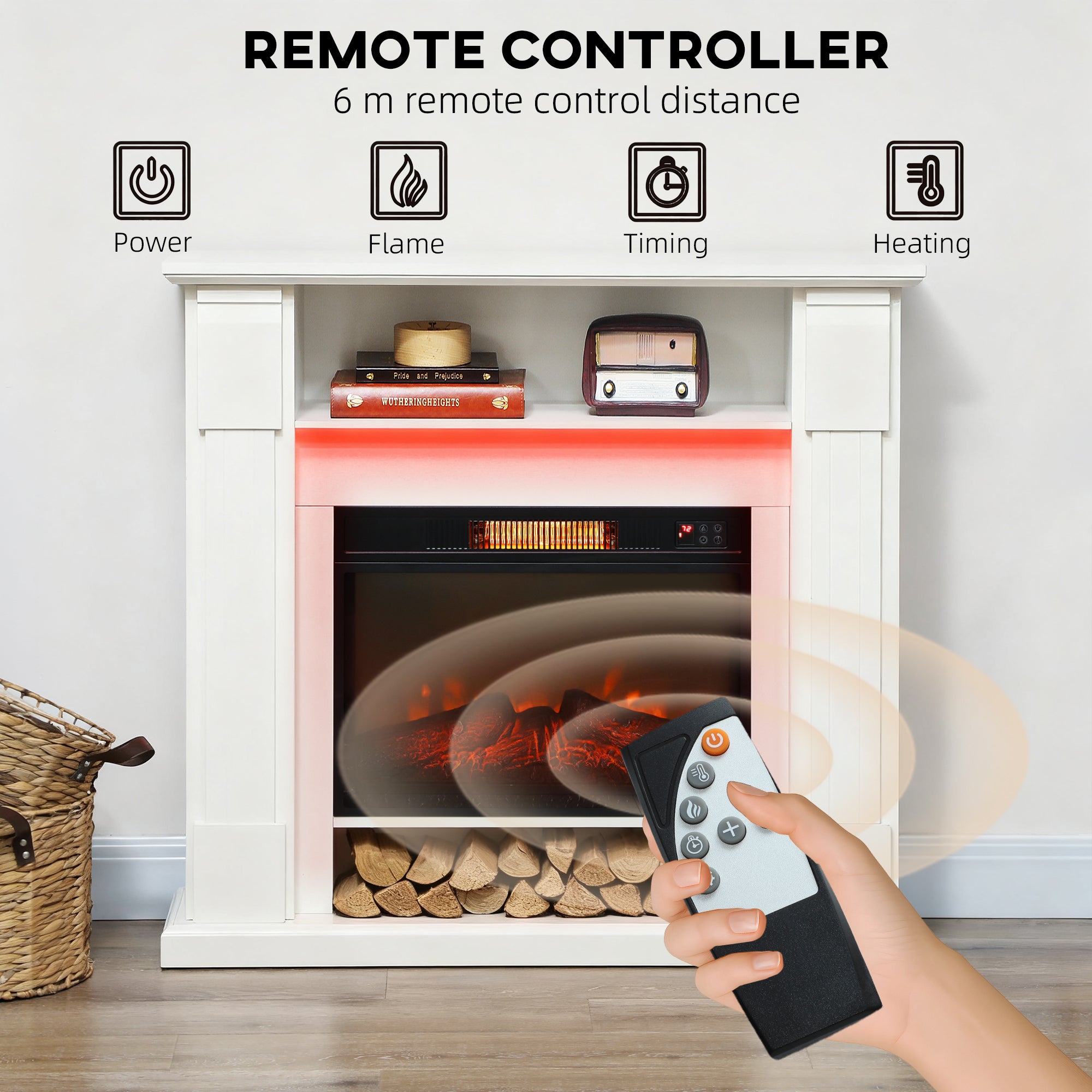 Electric Fireplace with Surround, LED Lights, 38" 1800W Inset Electric Fire and Mantel Reach up to 30 m², with Realistic Flame Effect, 3 Brightness, Remote, Timer for Living Room, White