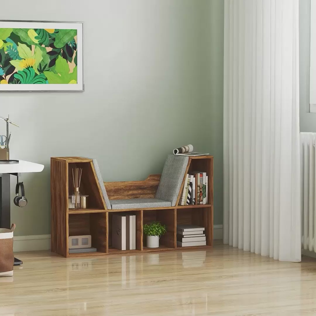 Bookcase Storage Shelf with Cushioned Reading Seat for Bedroom, Living Room, Rustic Brown