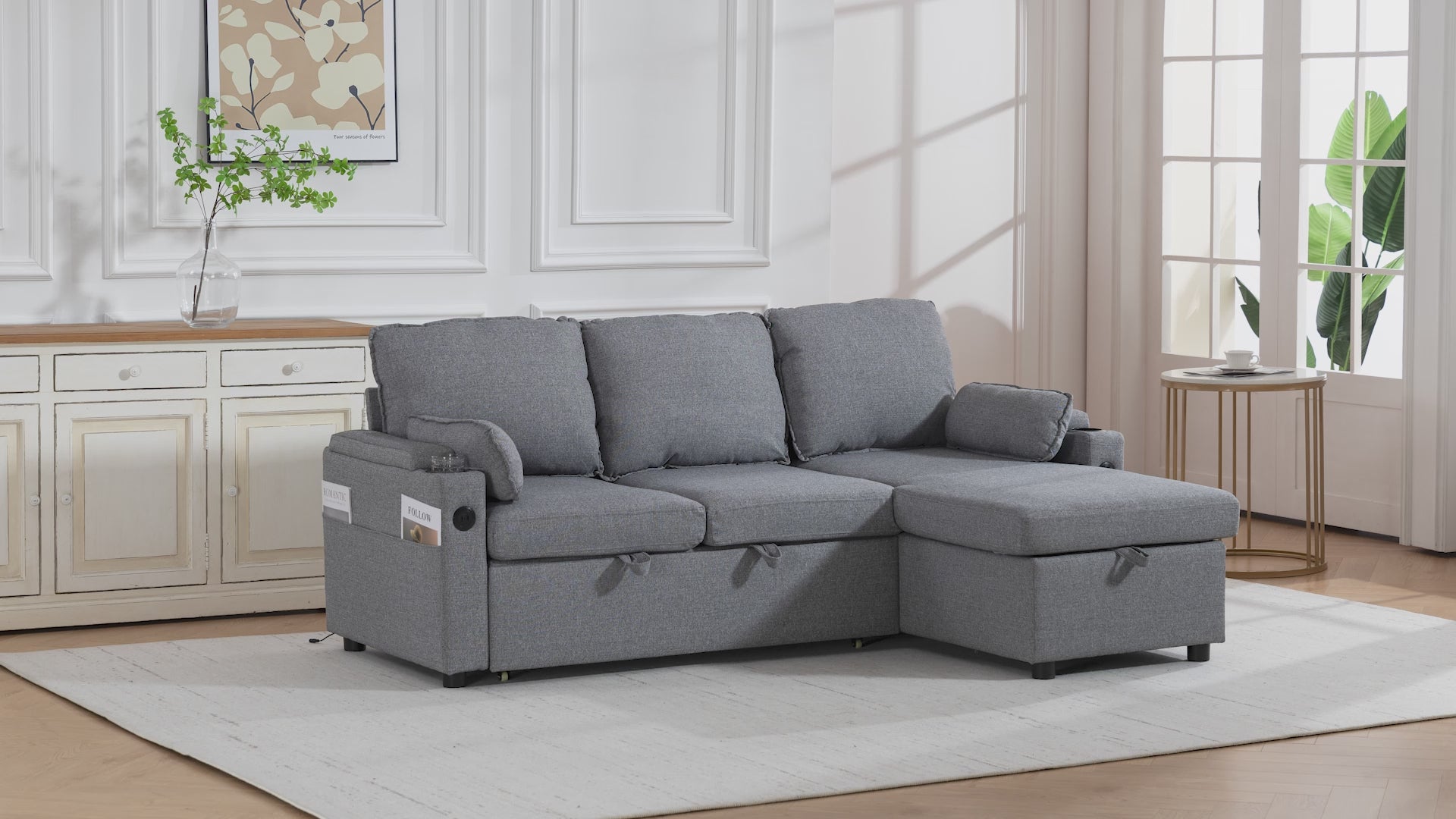 3-Seater L-Shaped Sofa Bed with Storage Chaise, USB & Cup Holders, Grey