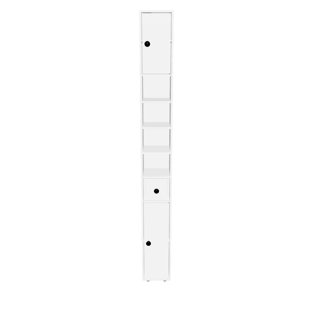 Armoire de rangement étroite de 180 cm de haut, colonne à linge avec tiroir, étagères ouvertes et placards à 2 portes, blanche