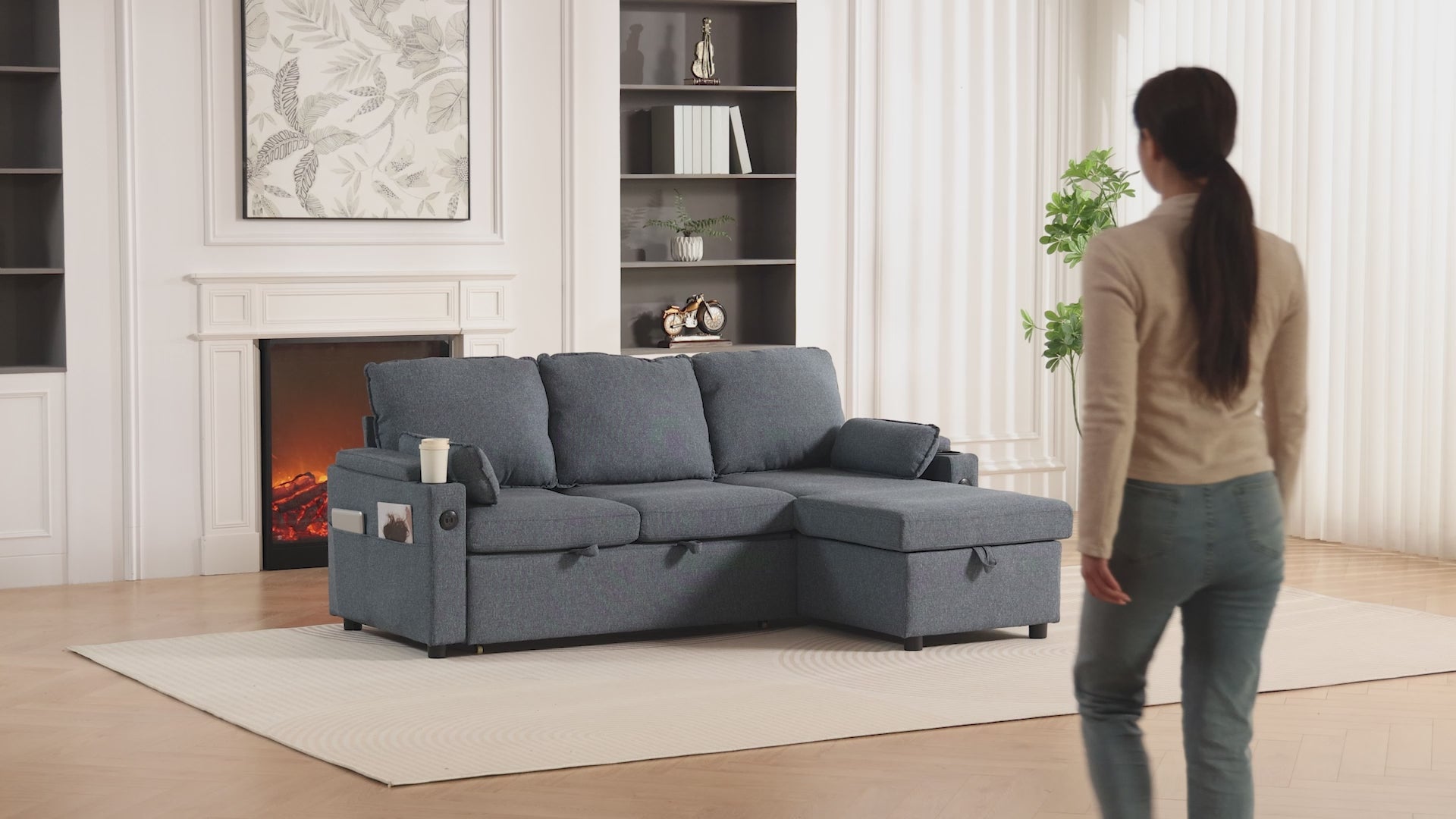 3-Seater L-Shaped Sofa Bed with Storage Chaise, USB Ports & Cup Holders, Blue