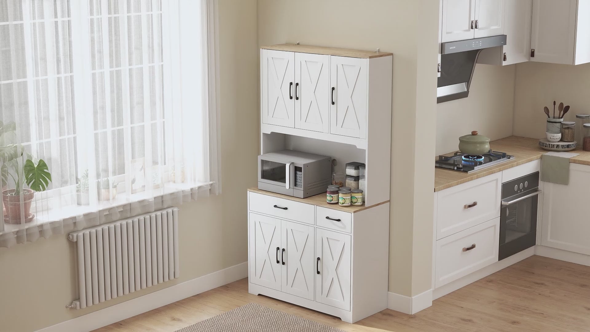 175 cm Tall Kitchen Pantry Cabinet with Microwave Stand, Farmhouse Kitchen Hutch, Freestanding Pantry Cupboard with 2 Drawers, 2 Adjustable Shelves and Cable Management, White