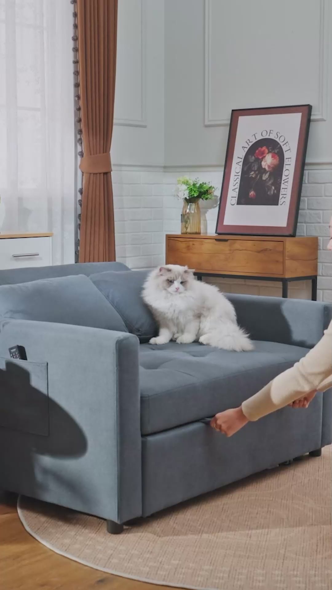 Modern Fabric Loveseat Sofa Bed with Cushions & Side Pockets for Living Room, Charcoal Grey