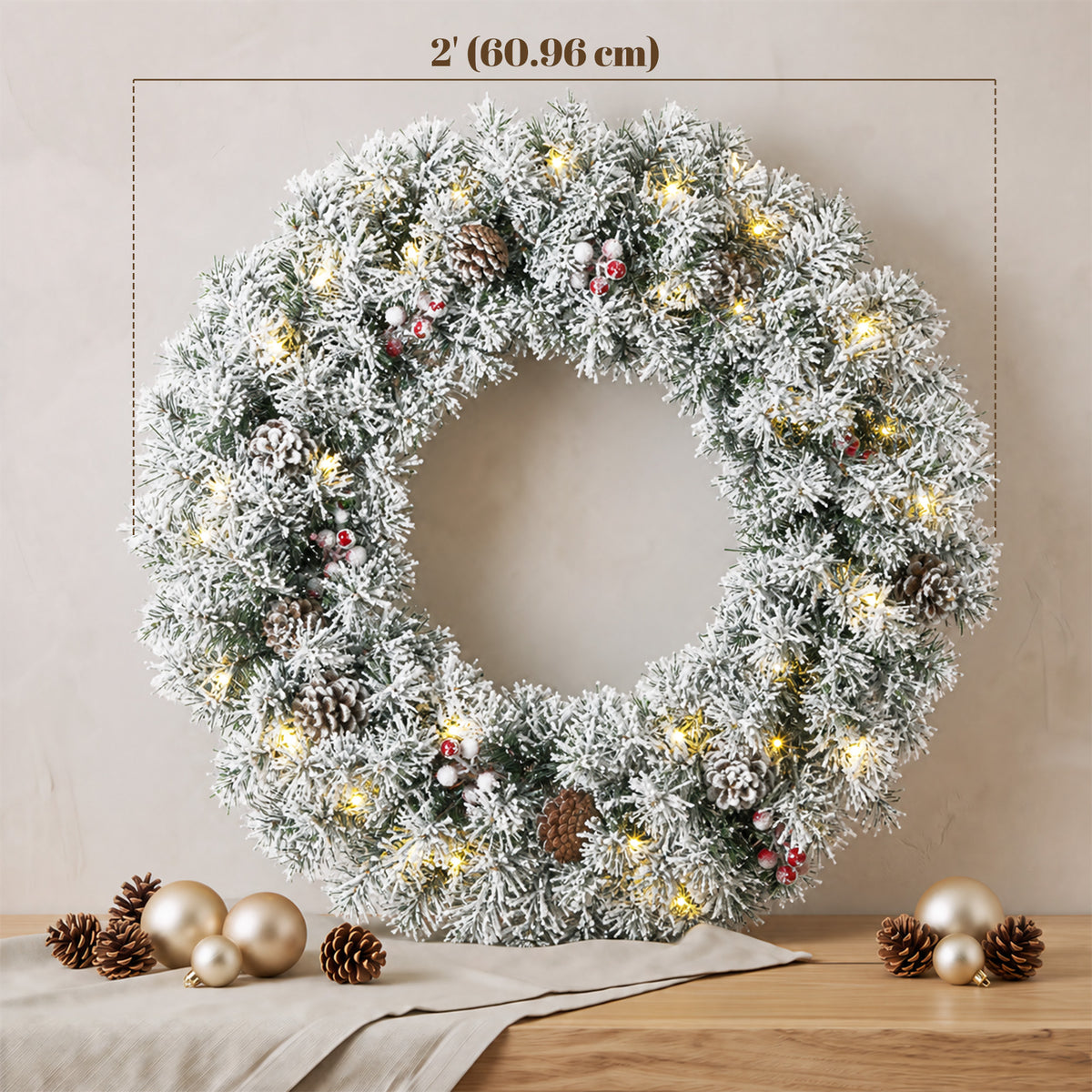 24 Inch Pre-Lit Christmas Wreath for Front Door with LED Lights, Pine Cones and Berries, Flocked Winter Wreath for Windows, Wall Decoration, Green