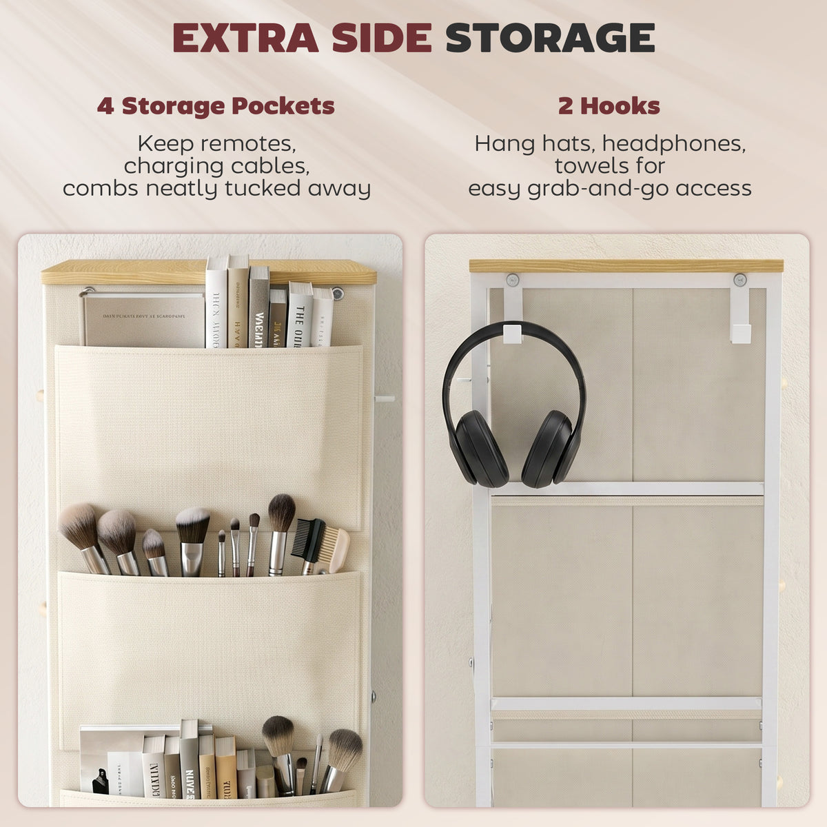 Chest of Drawers, Dresser for Bedroom with 4 Fabric Drawers, Tall Storage Unit with 4 Pockets, 2 Hooks and Steel Frame for Living Room, Hallway, Beige
