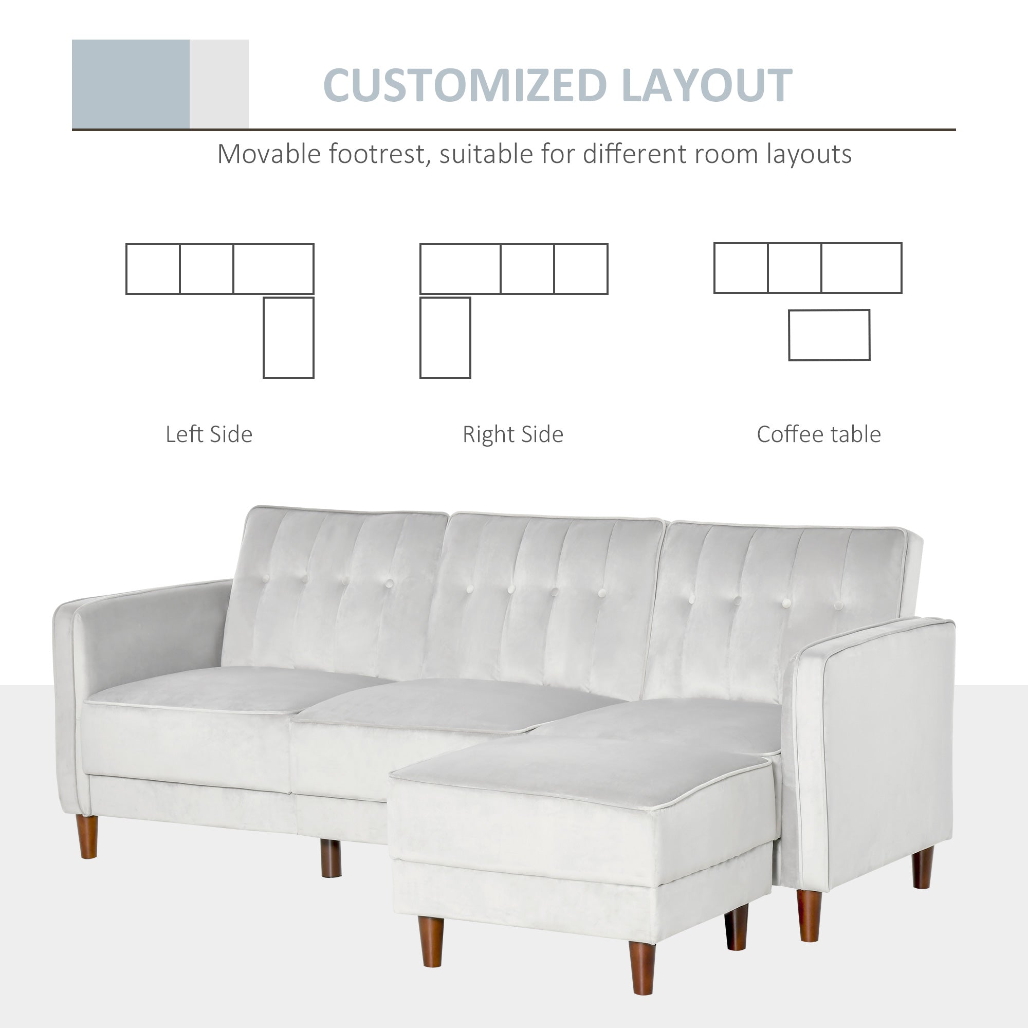 Upholstered L-Shaped Sofa Bed, Reversible Sectional Recliner Sofa Set, Velvet-Touch Sleeper Futon with Footstool, Grey