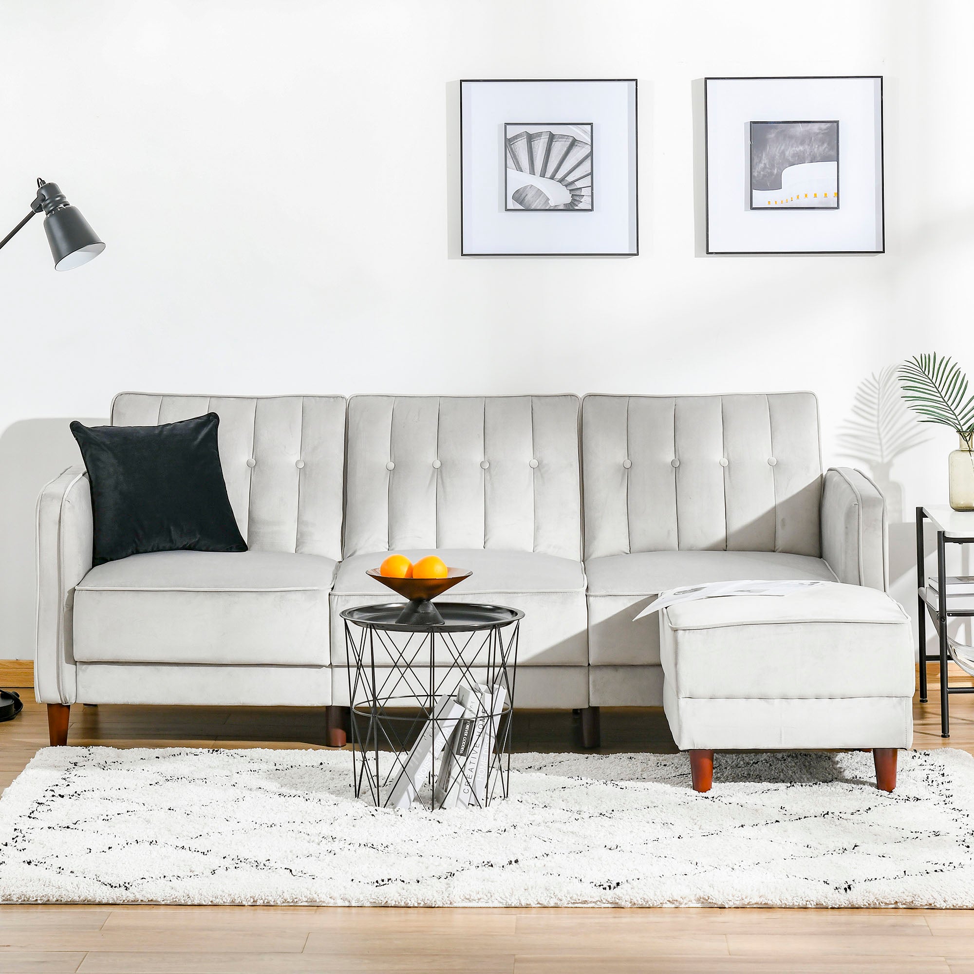 Upholstered L-Shaped Sofa Bed, Reversible Sectional Recliner Sofa Set, Velvet-Touch Sleeper Futon with Footstool, Grey