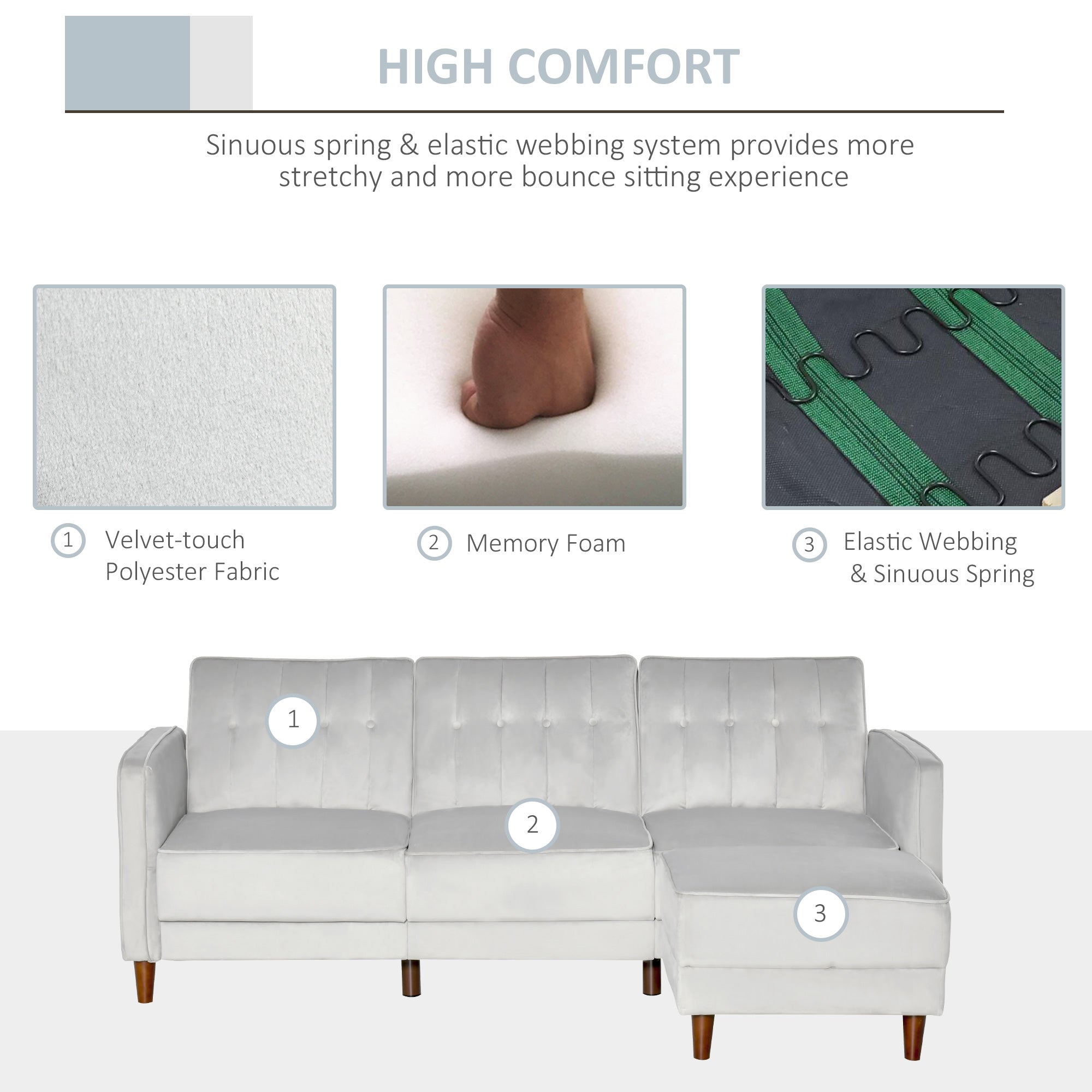 Upholstered L-Shaped Sofa Bed, Reversible Sectional Recliner Sofa Set, Velvet-Touch Sleeper Futon with Footstool, Grey