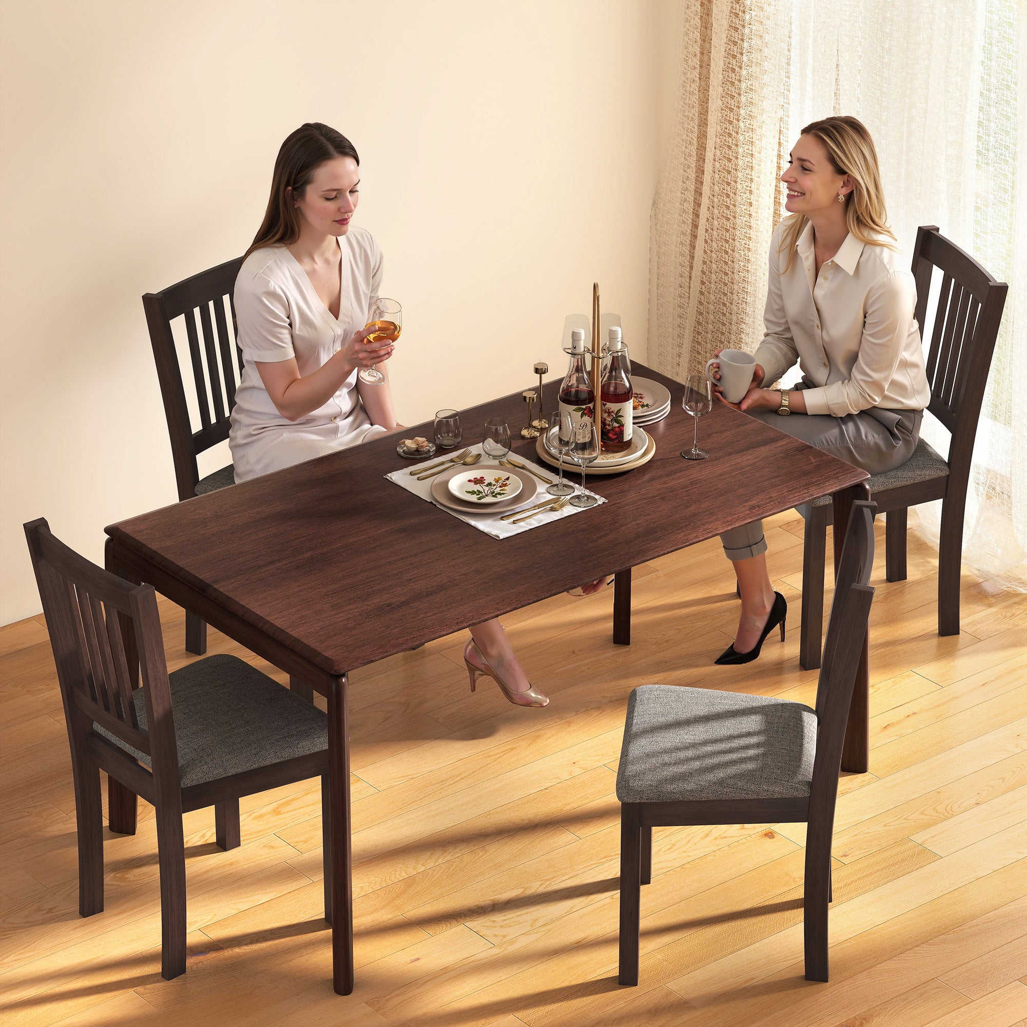 Modern Dining Chairs Set of 2, Linen Fabric Upholstered Kitchen Chairs with Rubberwood Legs for Dining Room, Living Room, Gray and Walnut