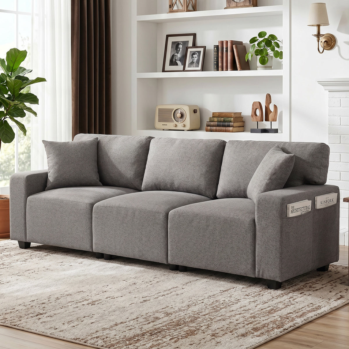 3 Seater Sofa, Linen-Look Fabric Upholstered Small Couch, Modern Sofa Settee with Storage Pockets, Pocket Springs and 2 Pillows for Living Room, Grey