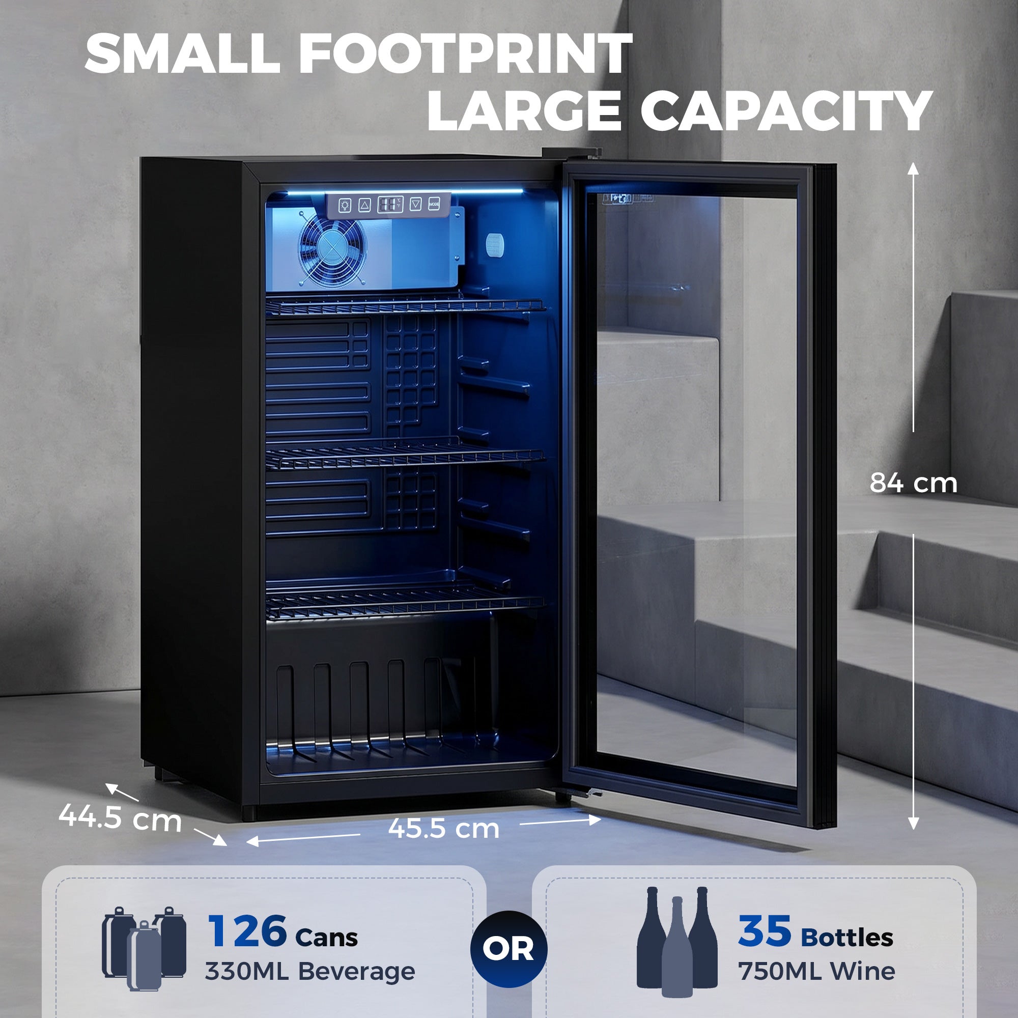 90L Drinks Fridge, 139 Can Under Counter Freestanding Beer Fridge with Double-Layer Glass Door, Wine Cooler with LED Light, Adjustable Shelves, Beverage Cooler for Soda Beer, Home Office