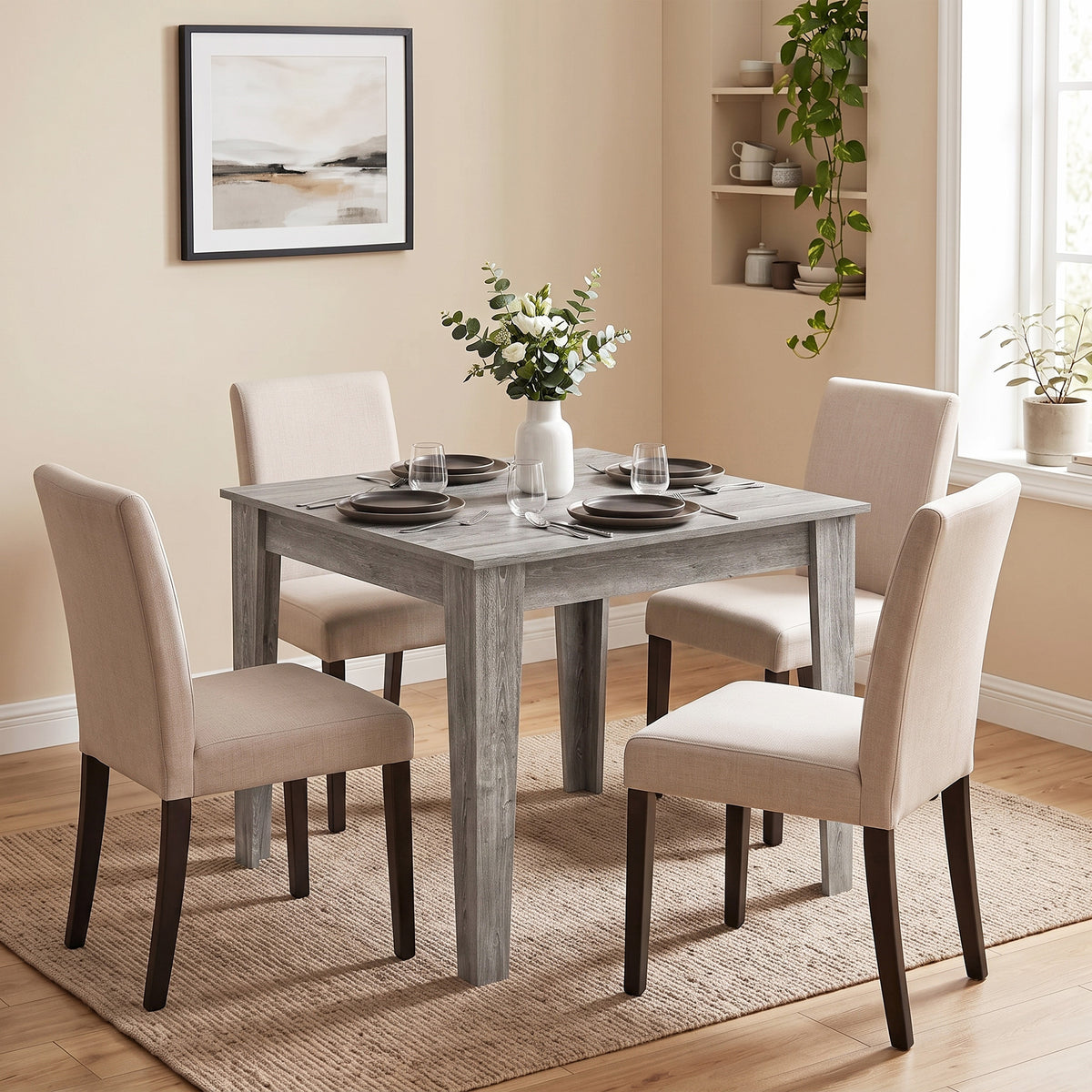 Dining Table for 4, 80L x 80W x 75Hcm, Modern Square Kitchen Table with Wood Effect Tabletop, for Dining Room, Kitchen, Living Room, Grey Wood Effect