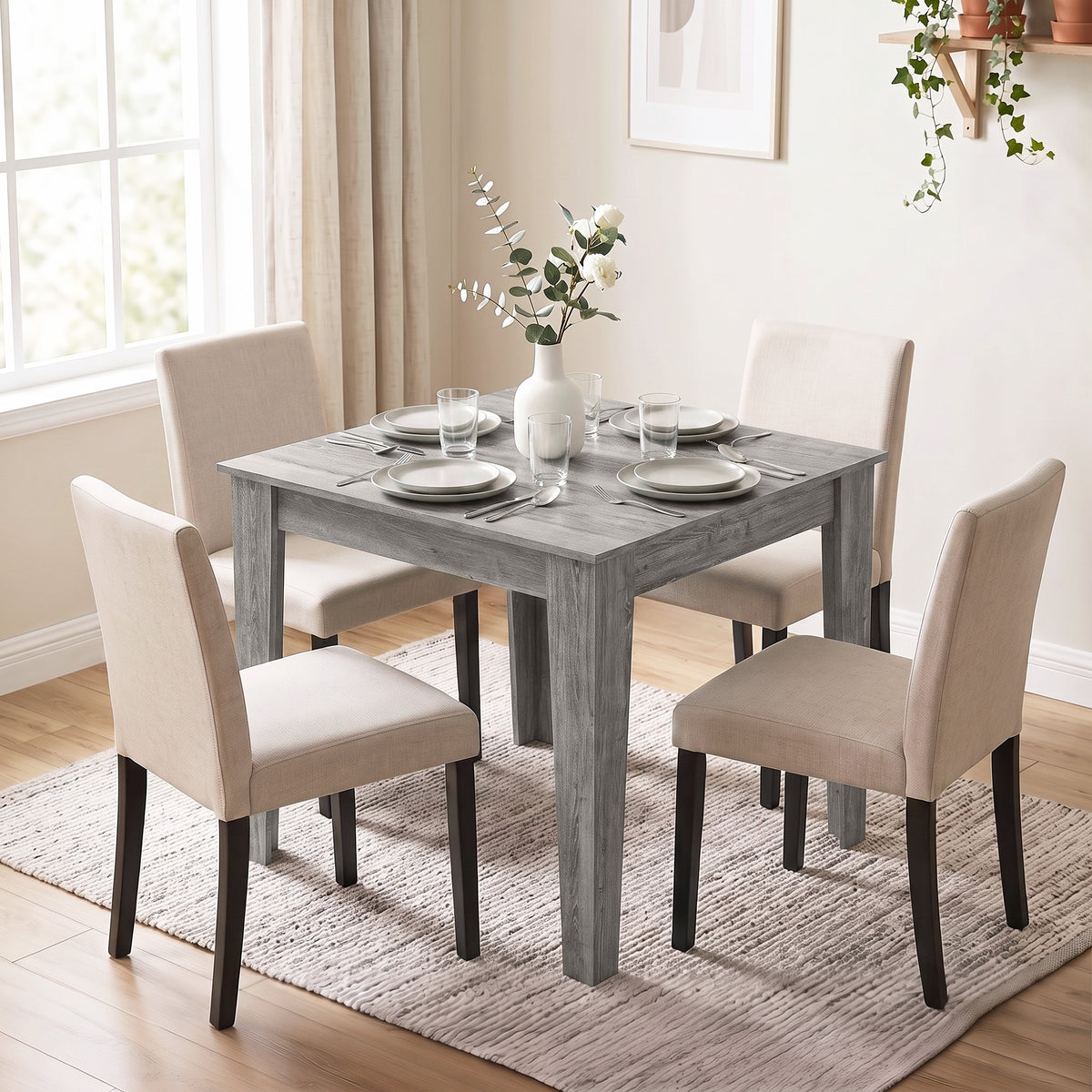 Dining Table for 4, 80L x 80W x 75Hcm, Modern Square Kitchen Table with Wood Effect Tabletop, for Dining Room, Kitchen, Living Room, Grey Wood Effect