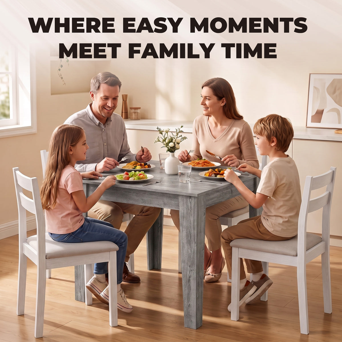 Dining Table for 4, 80L x 80W x 75Hcm, Modern Square Kitchen Table with Wood Effect Tabletop, for Dining Room, Kitchen, Living Room, Grey Wood Effect