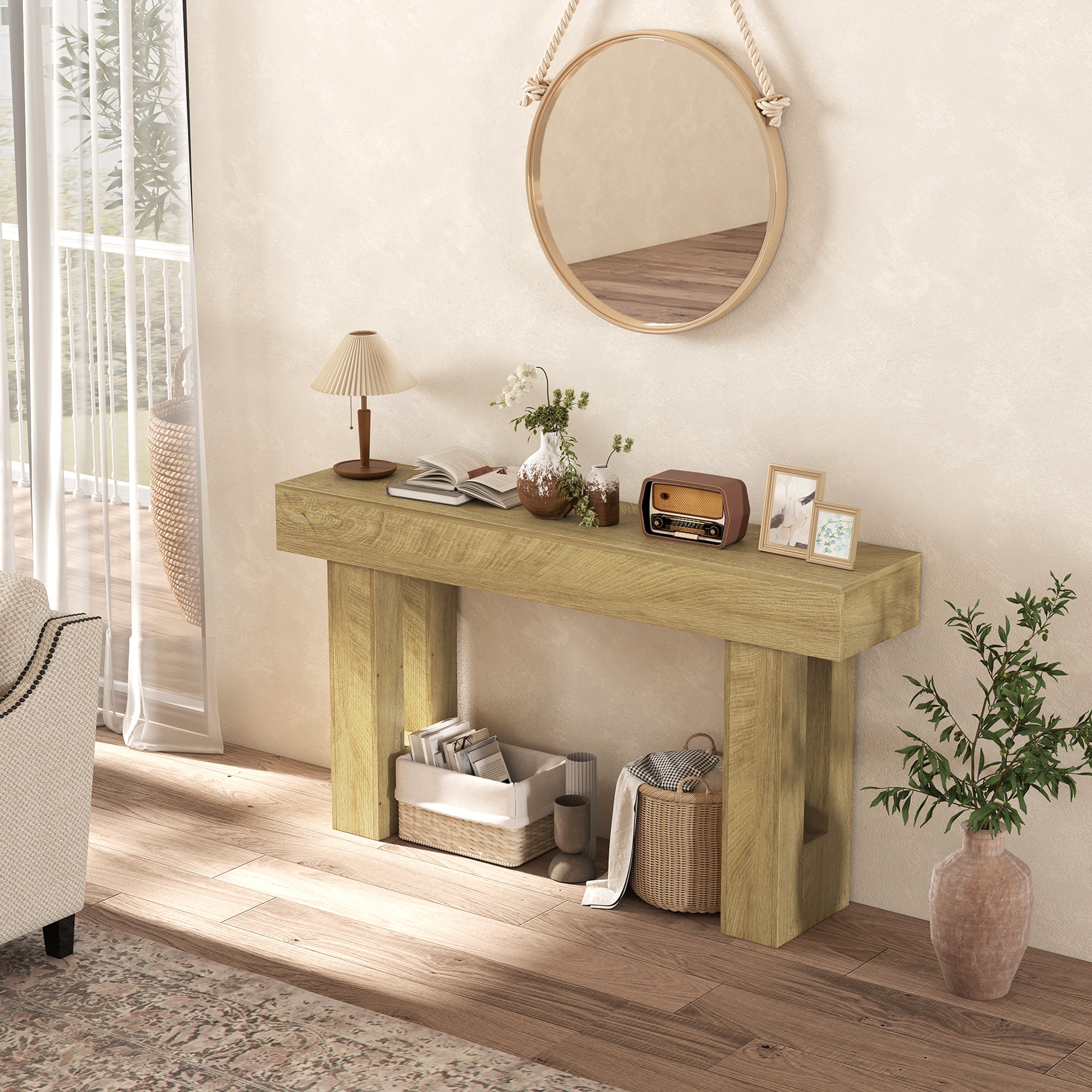 63 Inch Console Table, Narrow Farmhouse Entryway Table with Thickened Tabletop for Living Room, Hallway, Entrance, Oak