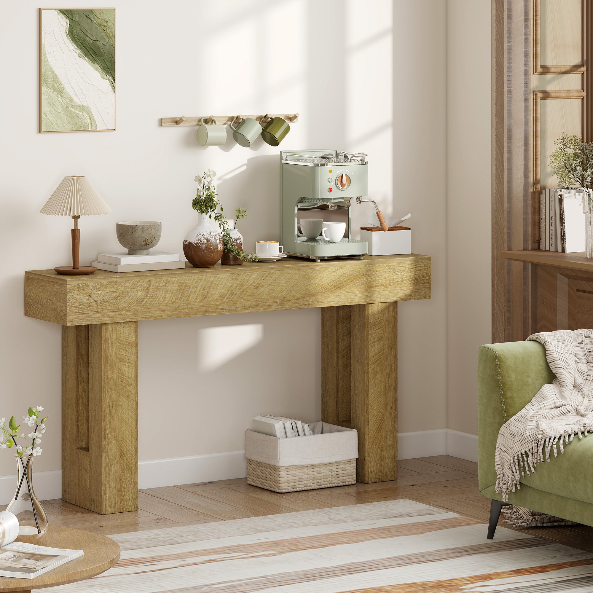 63 Inch Console Table, Narrow Farmhouse Entryway Table with Thickened Tabletop for Living Room, Hallway, Entrance, Oak