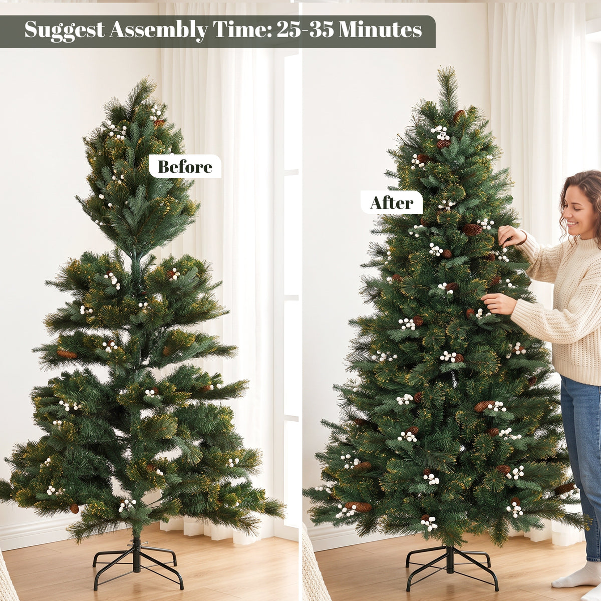 6ft/180cm Artificial Christmas Tree, Fir Hinged Xmas Tree with 716 Branch Tips, Foldable Metal Stand, Easy Assembly for Home Office Holiday Decoration, Green