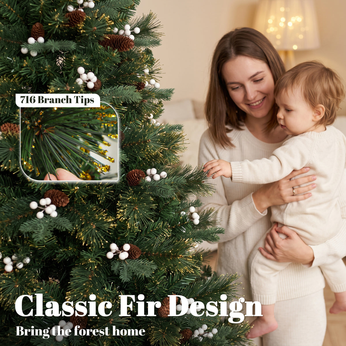 6ft Christmas Tree with 716 Branch Tips, Easy-Assembly Hinged Design, Artificial Full Fir Xmas Tree with Foldable Metal Stand for Home Office Holiday, Green