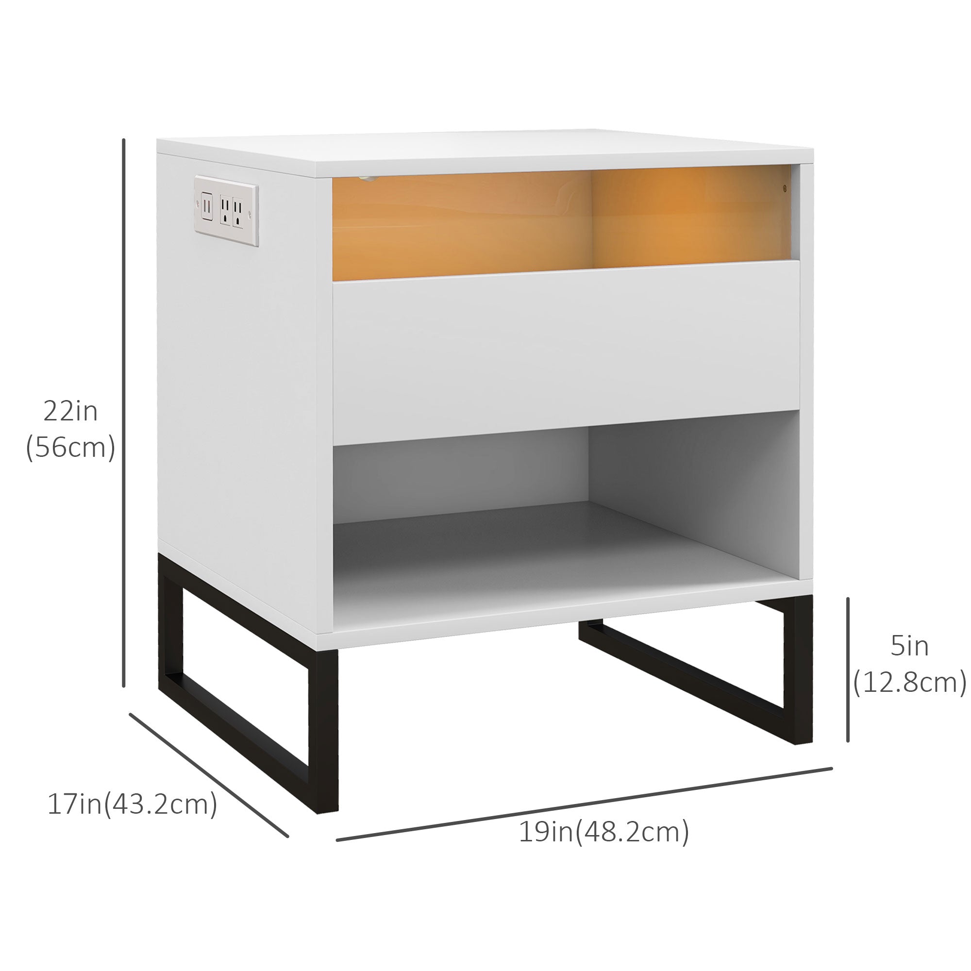 HOMCOM Nightstand Set of 2 with Charging Station and USB Ports, Bedside Table with LED Lights, Drawer and Shelf for Bedroom, White