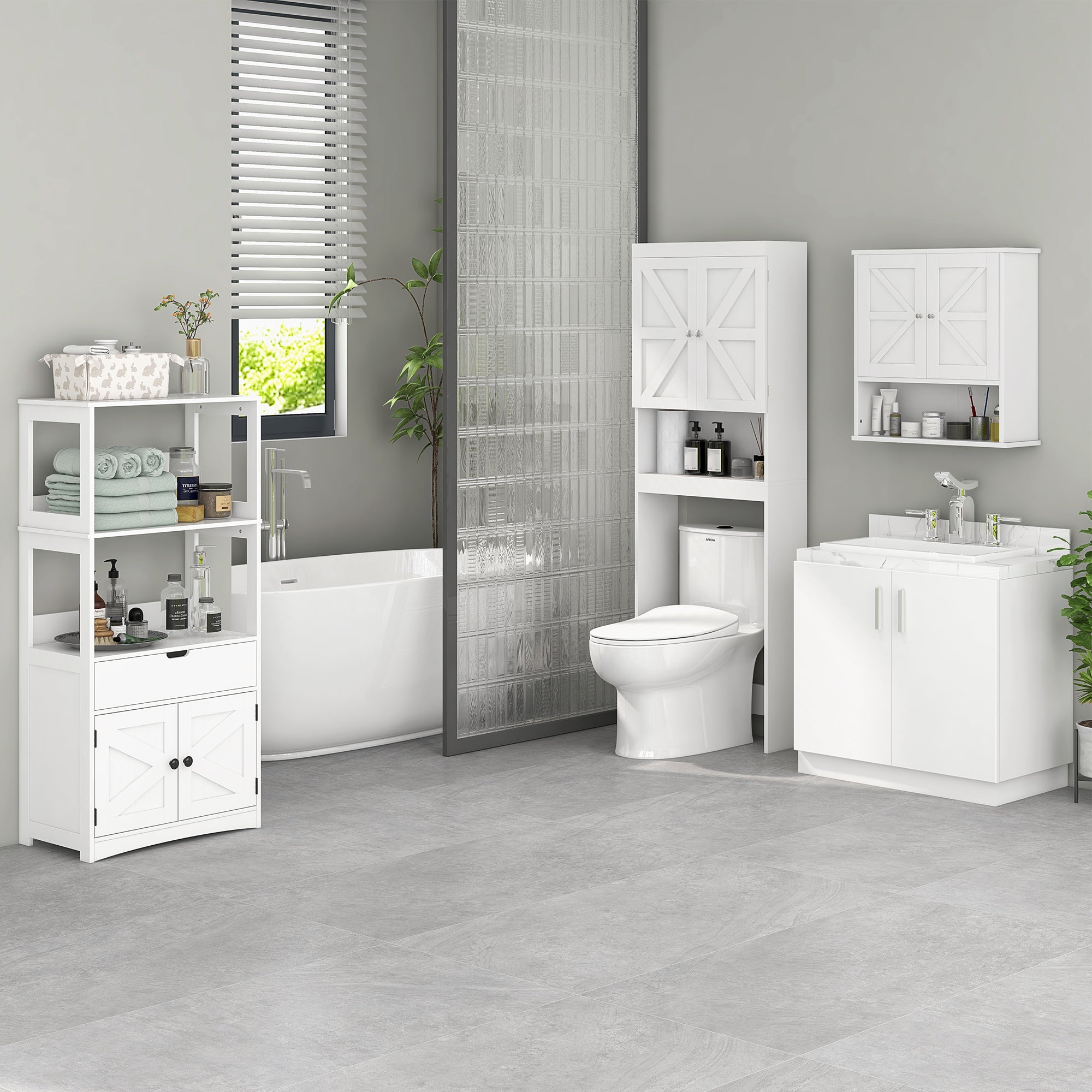 kleankin Farmhouse Bathroom Wall Cabinet, Wall-Mounted Medicine Cabinet with Open Shelf, Adjustable Shelf, and Storage Cabinet for Laundry Room, White