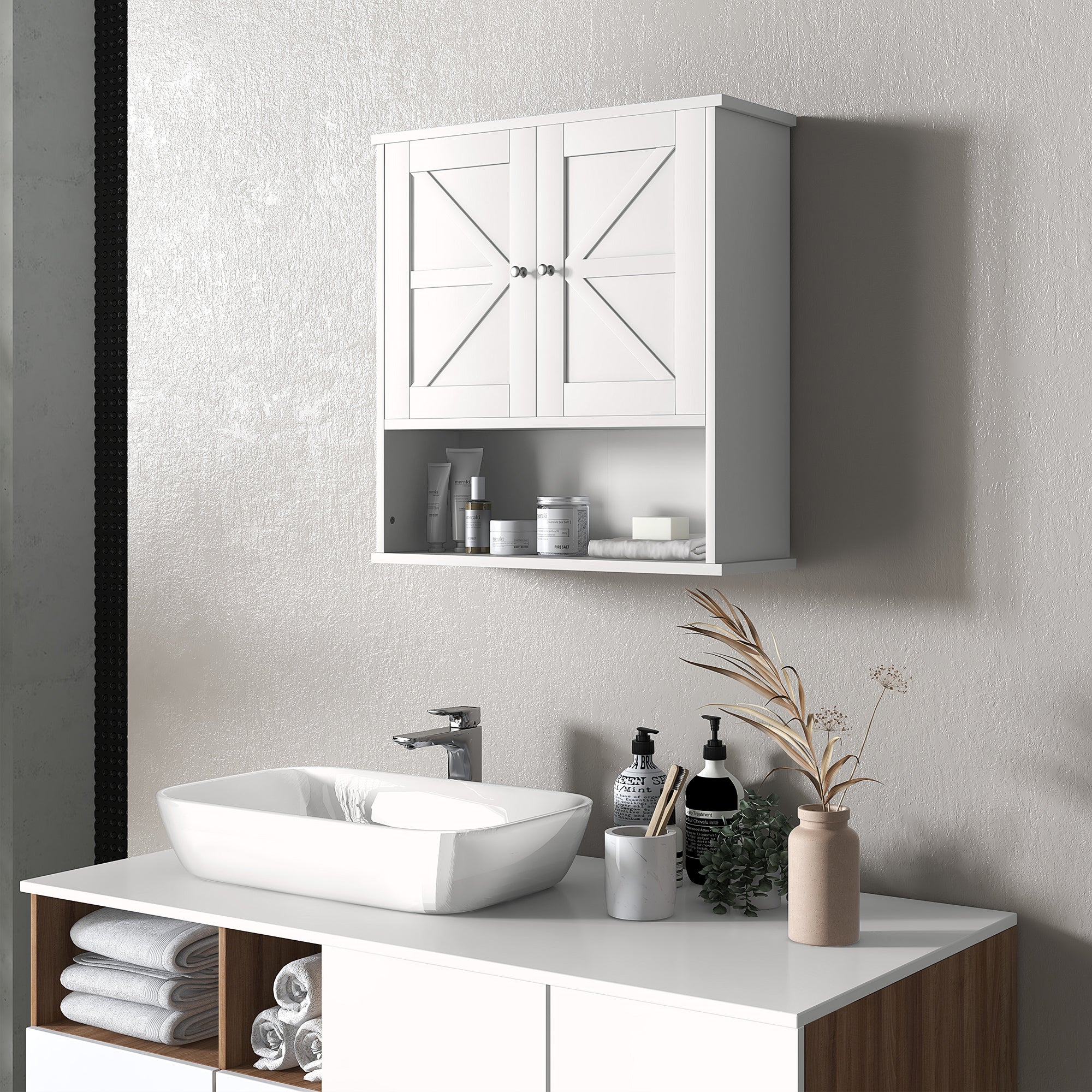 kleankin Farmhouse Bathroom Wall Cabinet, Wall-Mounted Medicine Cabinet with Open Shelf, Adjustable Shelf, and Storage Cabinet for Laundry Room, White
