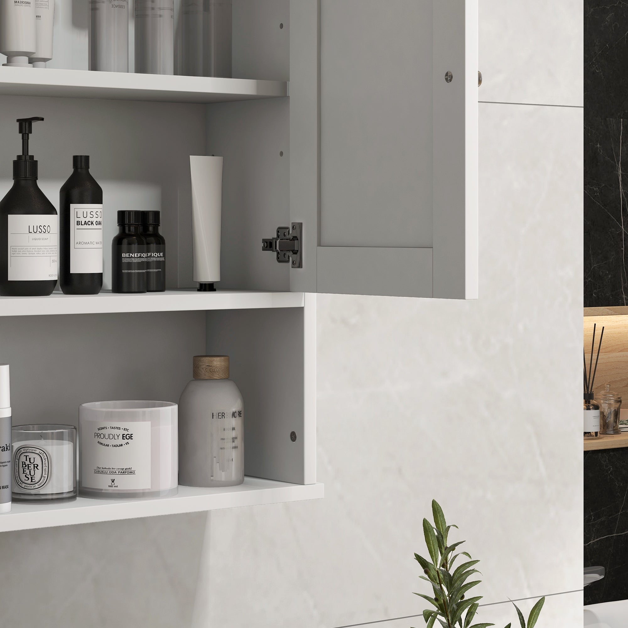 kleankin Farmhouse Bathroom Wall Cabinet, Wall-Mounted Medicine Cabinet with Open Shelf, Adjustable Shelf, and Storage Cabinet for Laundry Room, White