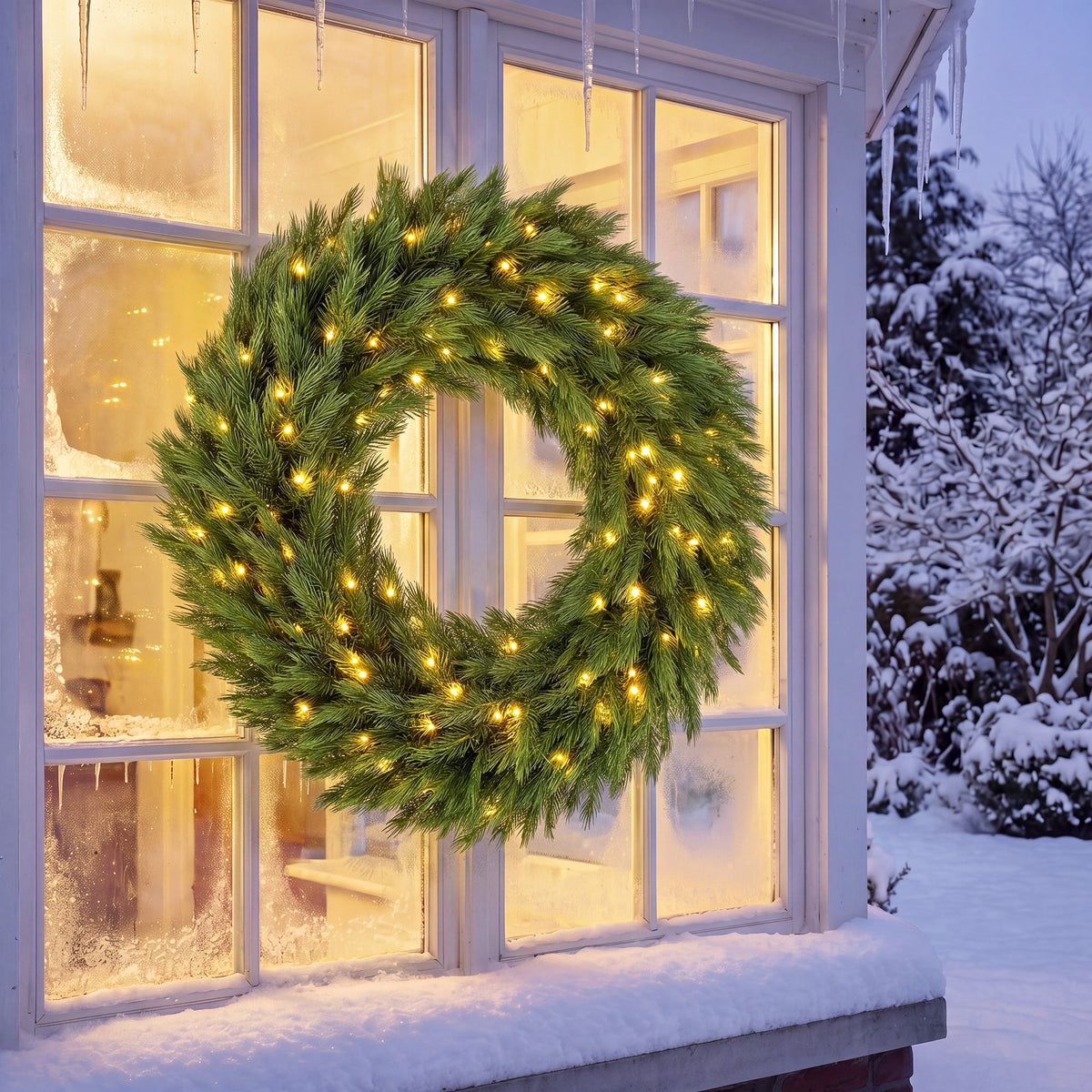 36 in Pre-Lit Norwegian Spruce Artificial Christmas Wreath, Christmas Decoration with 100 LED Lights, 450 Branch Tips, All-PE Leaves for Door, Indoor Covered Outdoor, Green