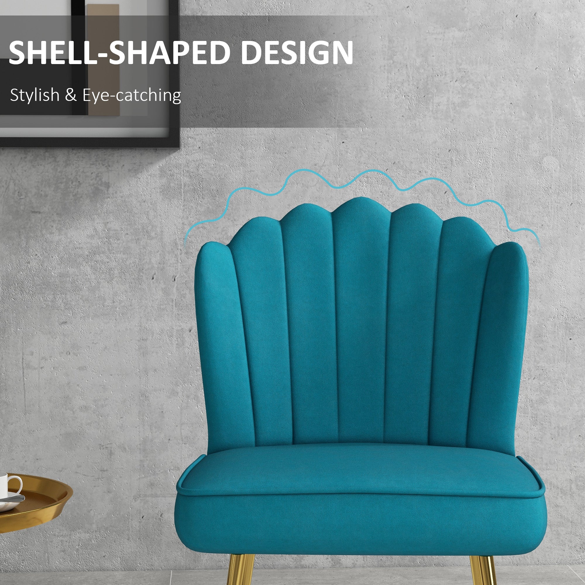 HOMCOM Shell Luxe Velvet Accent Chair with Gold-tone Metal Legs, Modern Vanity Chair for Living Room, Bedroom, Home Office, Blue