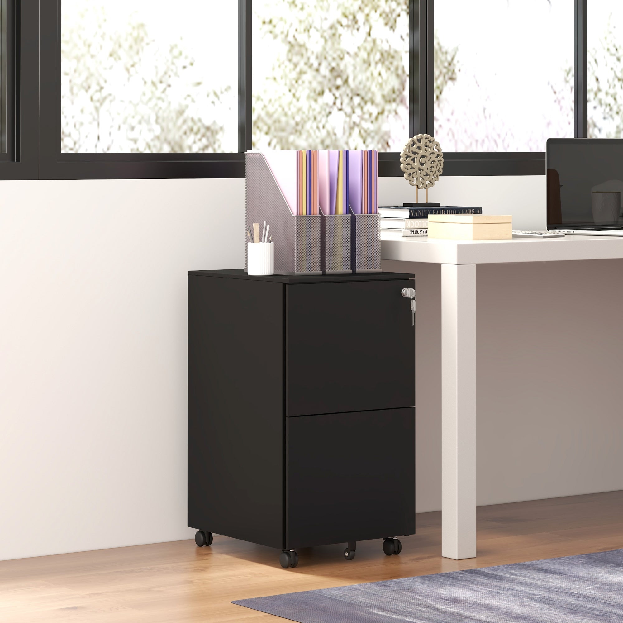 Vinsetto 2-Drawer Vertical Filing Cabinet with Lock and 5 Wheels, Steel Mobile File Cabinet, for A4, Legal and Letter Size, Pre-Assembled Body, Black