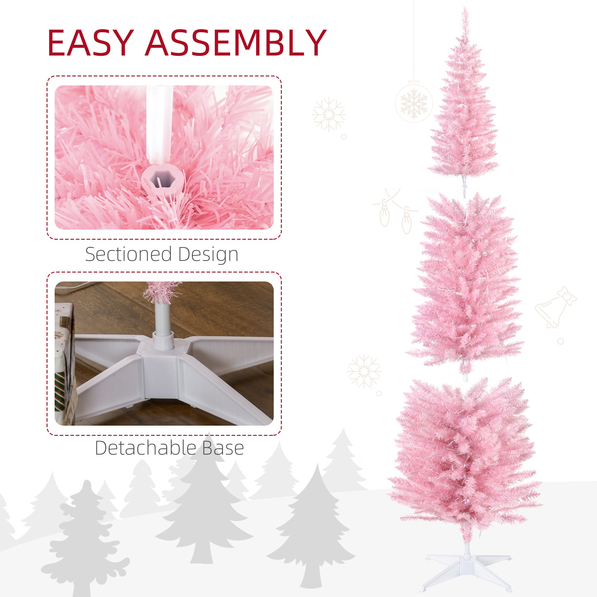 7ft Pencil Christmas Tree Slim Artificial Tree with Realistic Branches and Warm White LED Lights Pink