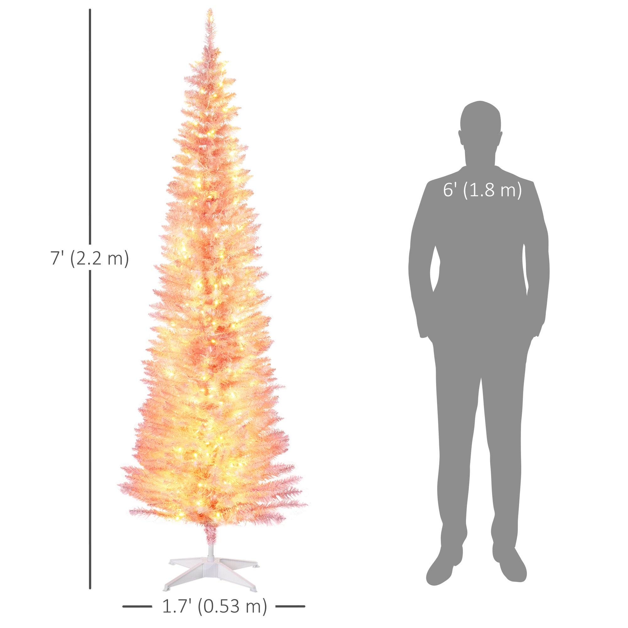 HOMCOM 7 ft Pre-Lit Noble Fir Slim Artificial Christmas Tree with 499 Tips and 200 Warm White LED Lights Pink