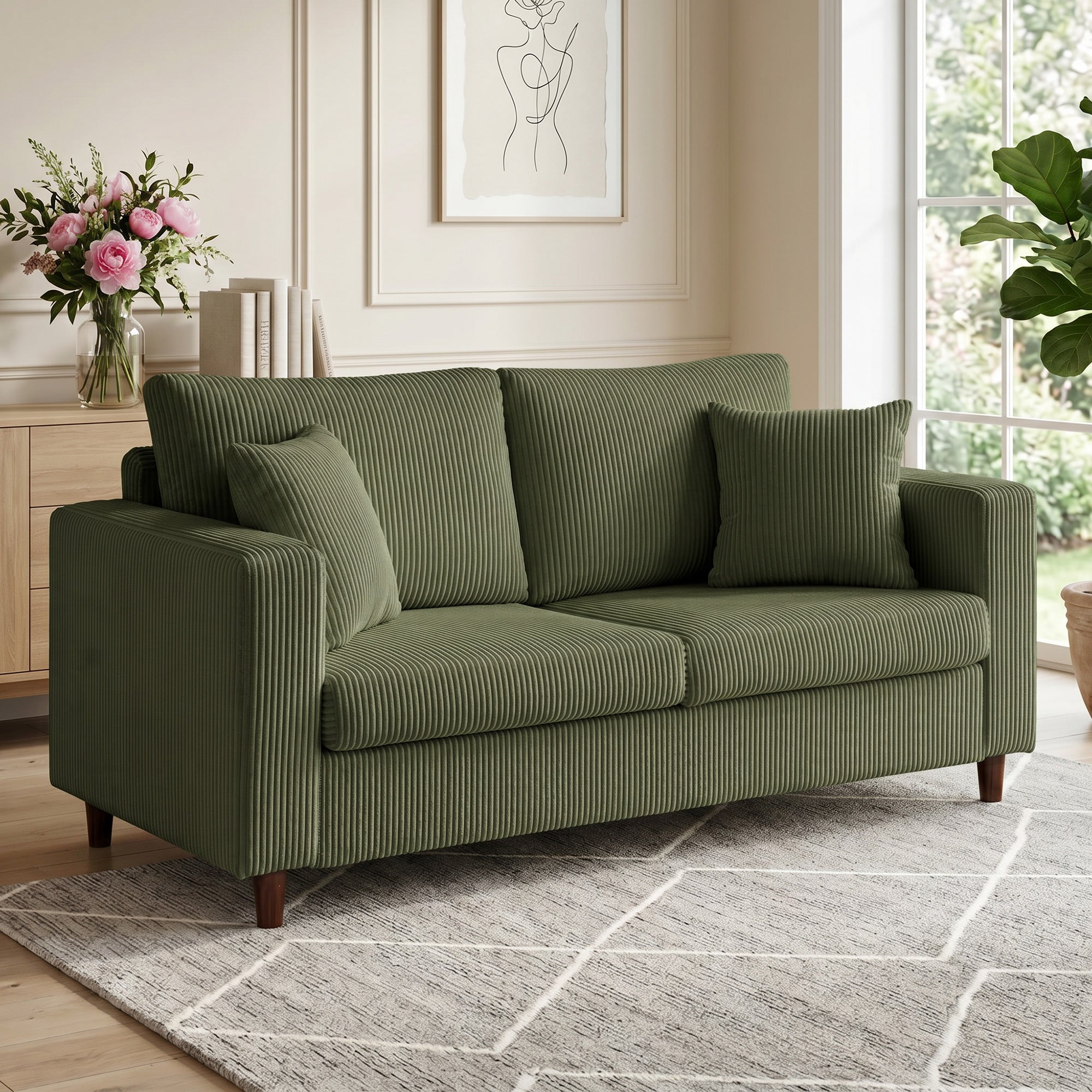 2 Seater Sofa, 170 cm Comfy Corduroy Couch with Wide Deep Seat, Wide Armrests, Spring Cushion, Thick Padded, Solid Wood Legs, Loveseat Sofa for Living Room, Green