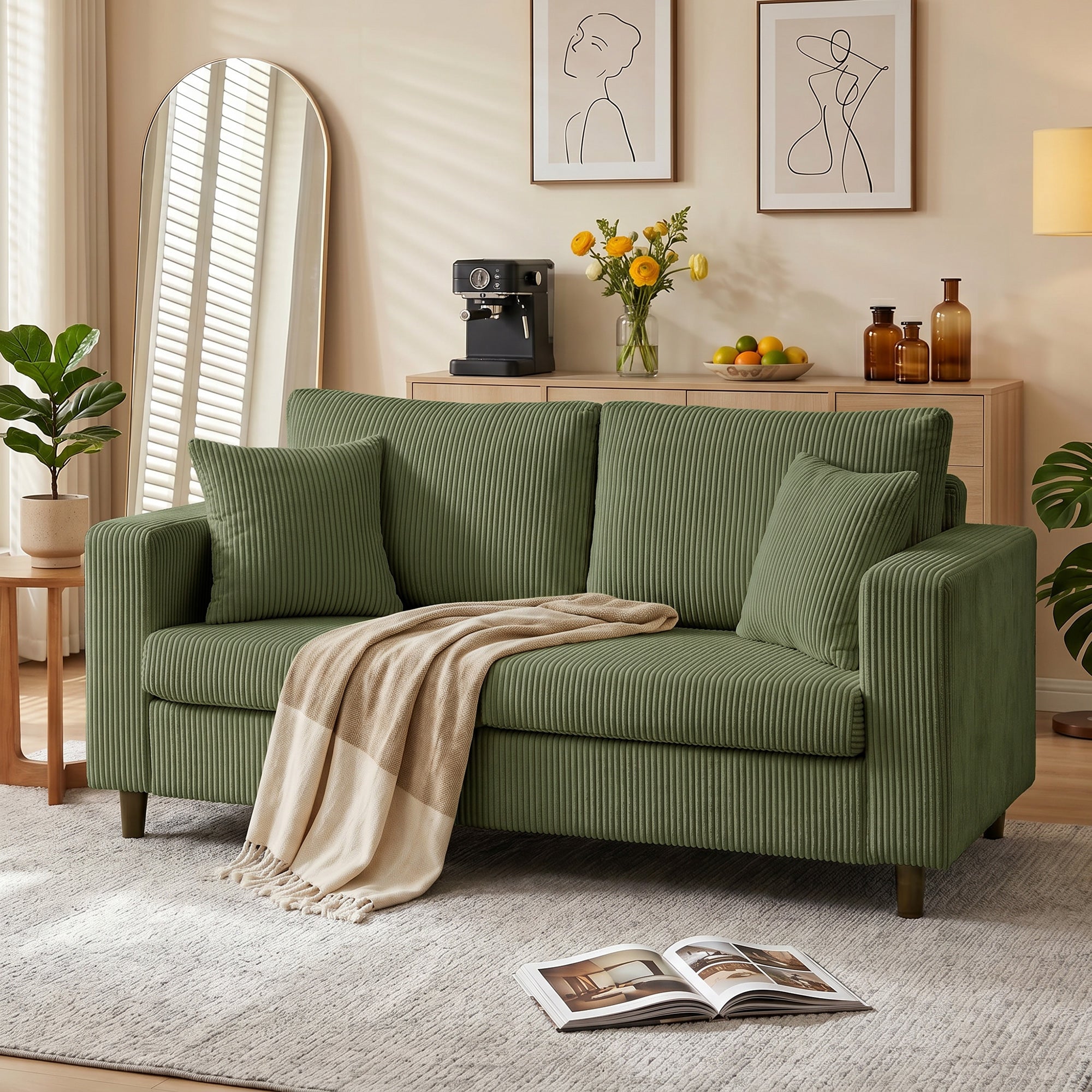 2 Seater Sofa, 170 cm Comfy Corduroy Couch with Wide Deep Seat, Wide Armrests, Spring Cushion, Thick Padded, Solid Wood Legs, Loveseat Sofa for Living Room, Green