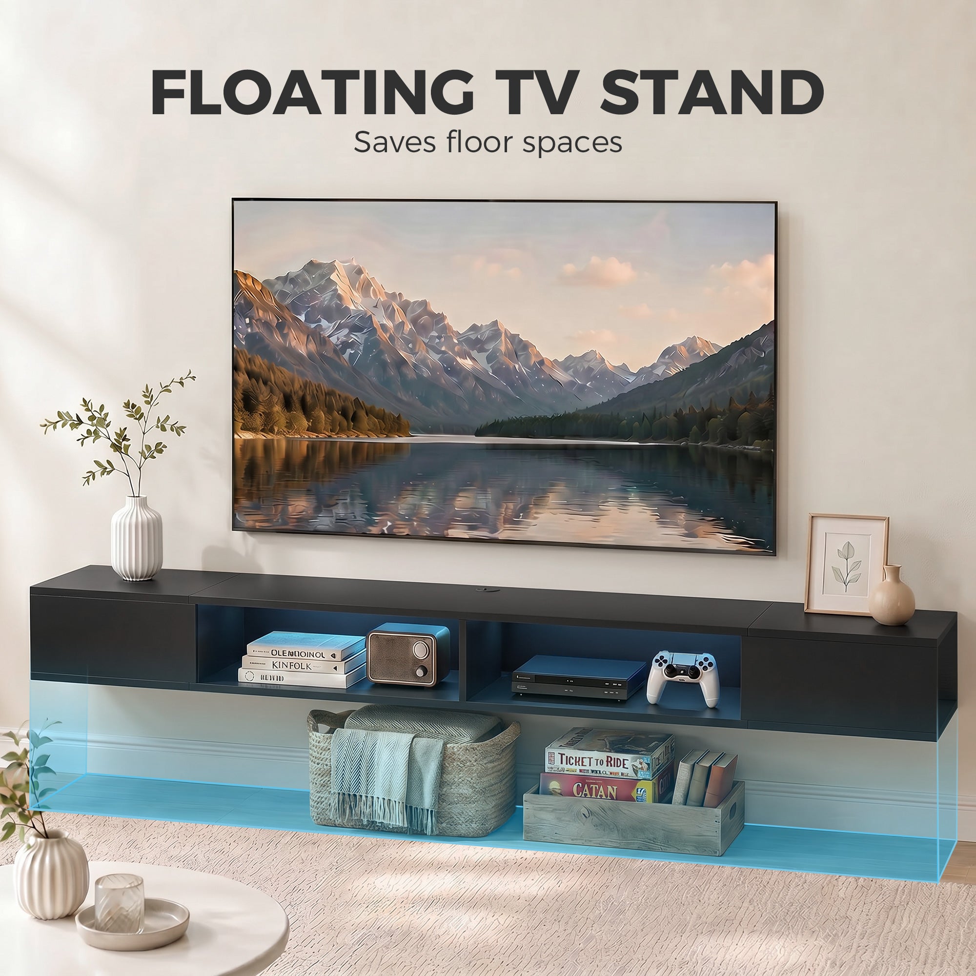 TV Stand for TVs up to 75 Inch, Modern Entertainment Center with RGB LED Lights, USB Powered, Wall-Mounted Media Console Table with 4 Open Storage Shelves for Living Room, Black