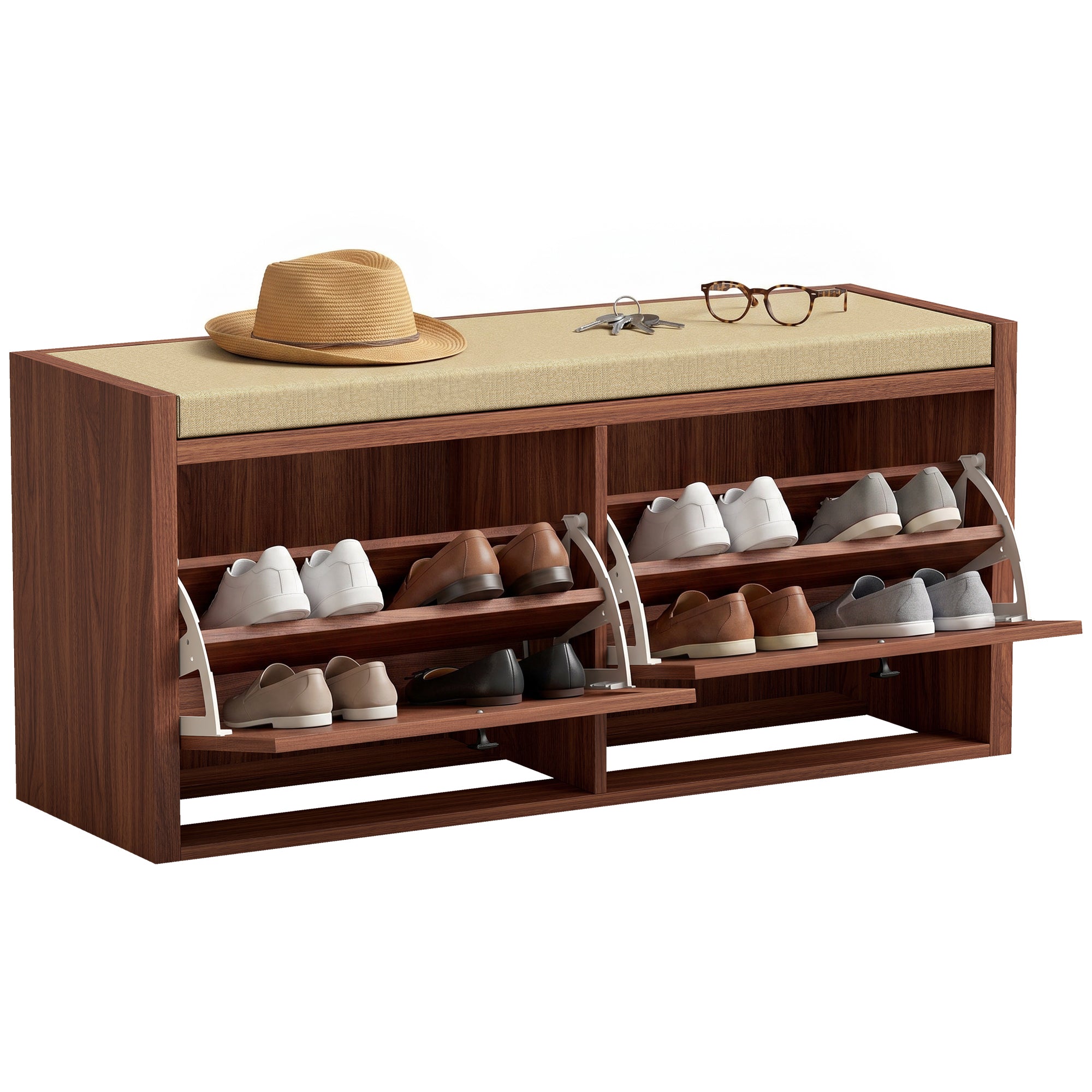 Shoe Bench with 2 Rattan Doors, Shoe Storage Bench with Padded Cushion Seat for Hallway, Living Room, Bedroom, Brown