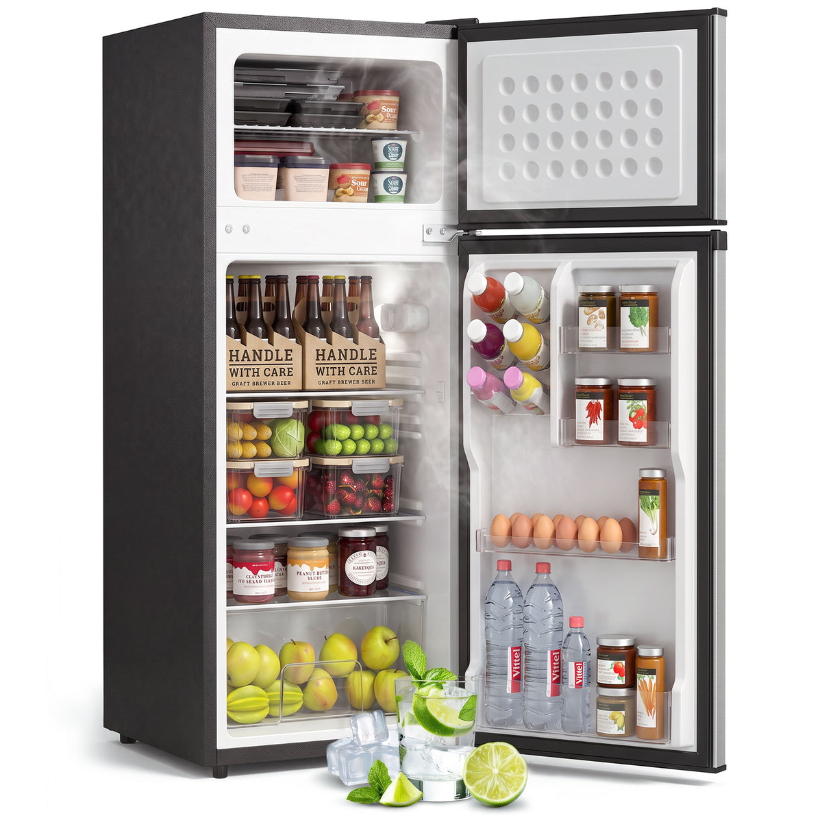 7.7 Cu. Ft. Mini Fridge with Freezer, Double Door Compact Refrigerator with Adjustable Thermostat, Reversible Door, Removable Glass Shelves, Small Refrigerator for Bedroom, Office, Dorm