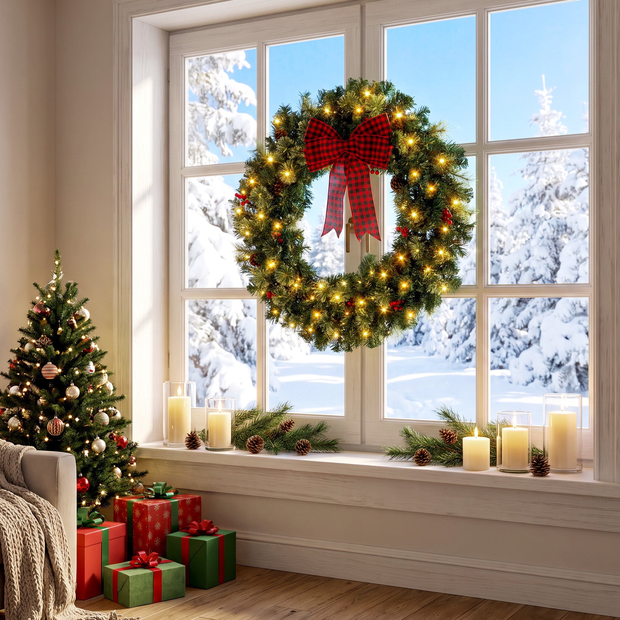 36 in Pre-Lit Crestwood Spruce Artificial Christmas Wreath, Christmas Decoration with Bow, 100 LED Lights, 330 Tips, 8 Modes, Red Berries, Pinecones for Door, Indoor Covered Outdoor, Green