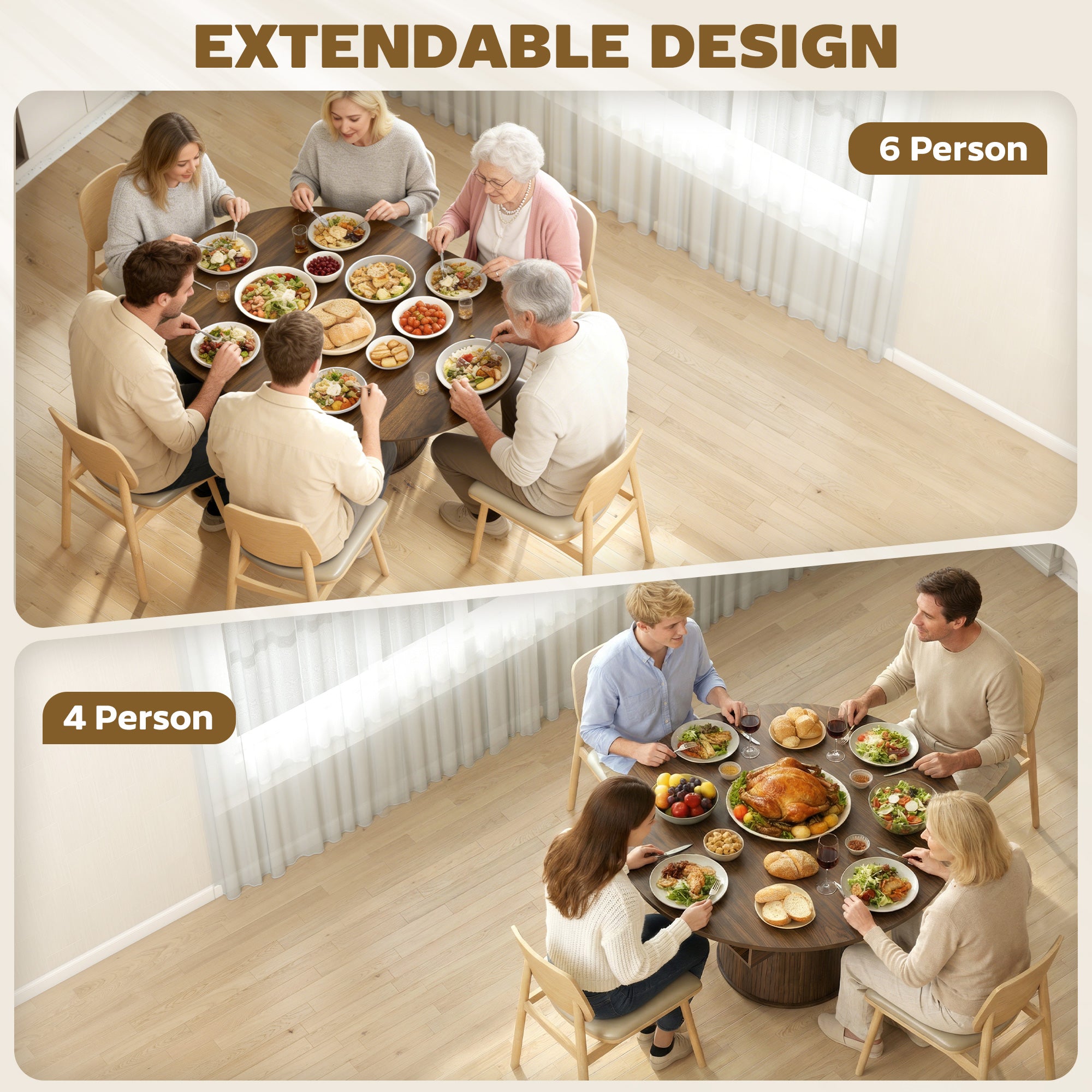 Extendable Dining Table for 6, 60 Inch Farmhouse Oval Kitchen Table with 2-Tier Storage Shelf and Fluted Sliding Doors for Dining Room Living Room, Walnut