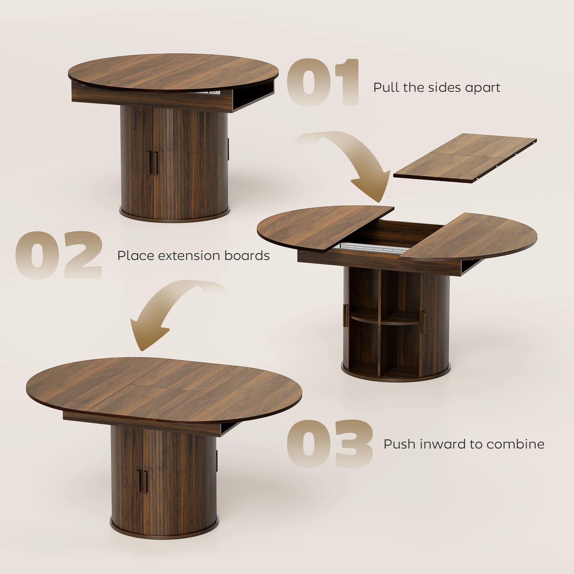 Extendable Dining Table for 6, 60 Inch Farmhouse Oval Kitchen Table with 2-Tier Storage Shelf and Fluted Sliding Doors for Dining Room Living Room, Walnut
